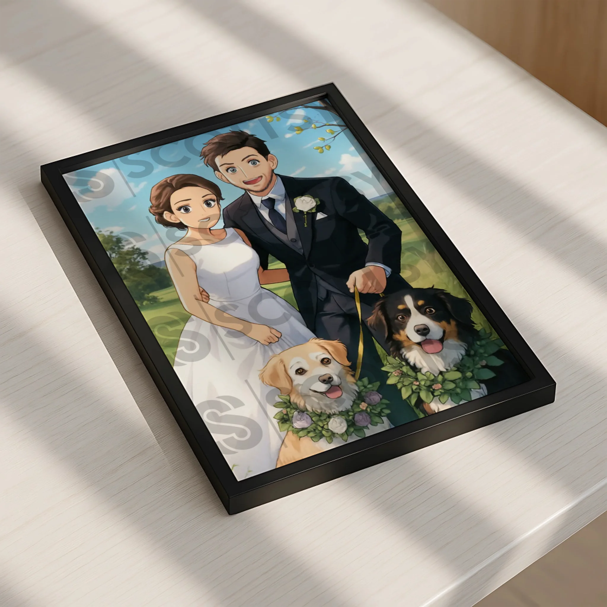 Custom cartoon pet illustration printed in a personalised manga style photo frame