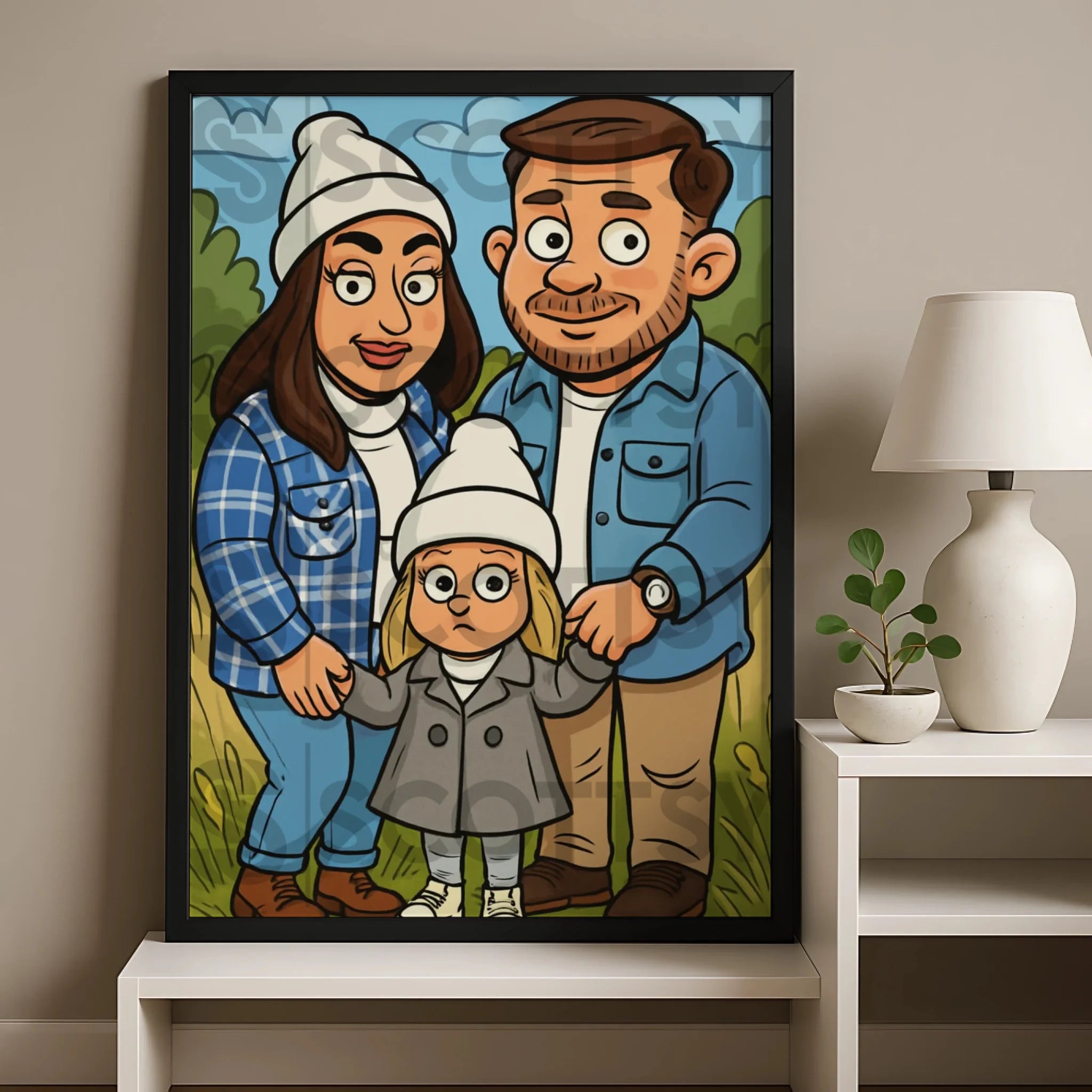 Personalised pet caricature portrait printed in a custom photo frame gift