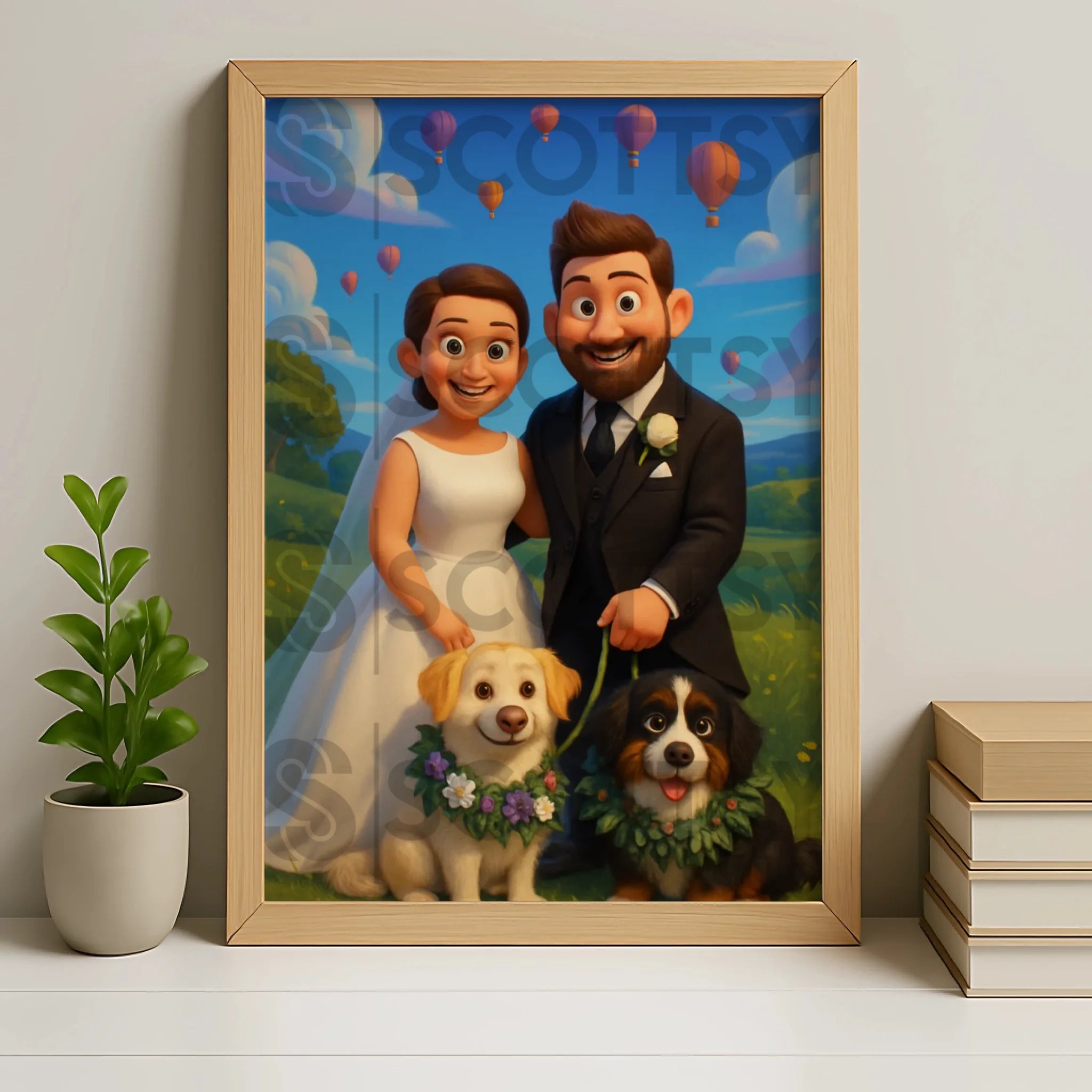 Custom cartoon portrait in a personalised photo frame with oak finish
