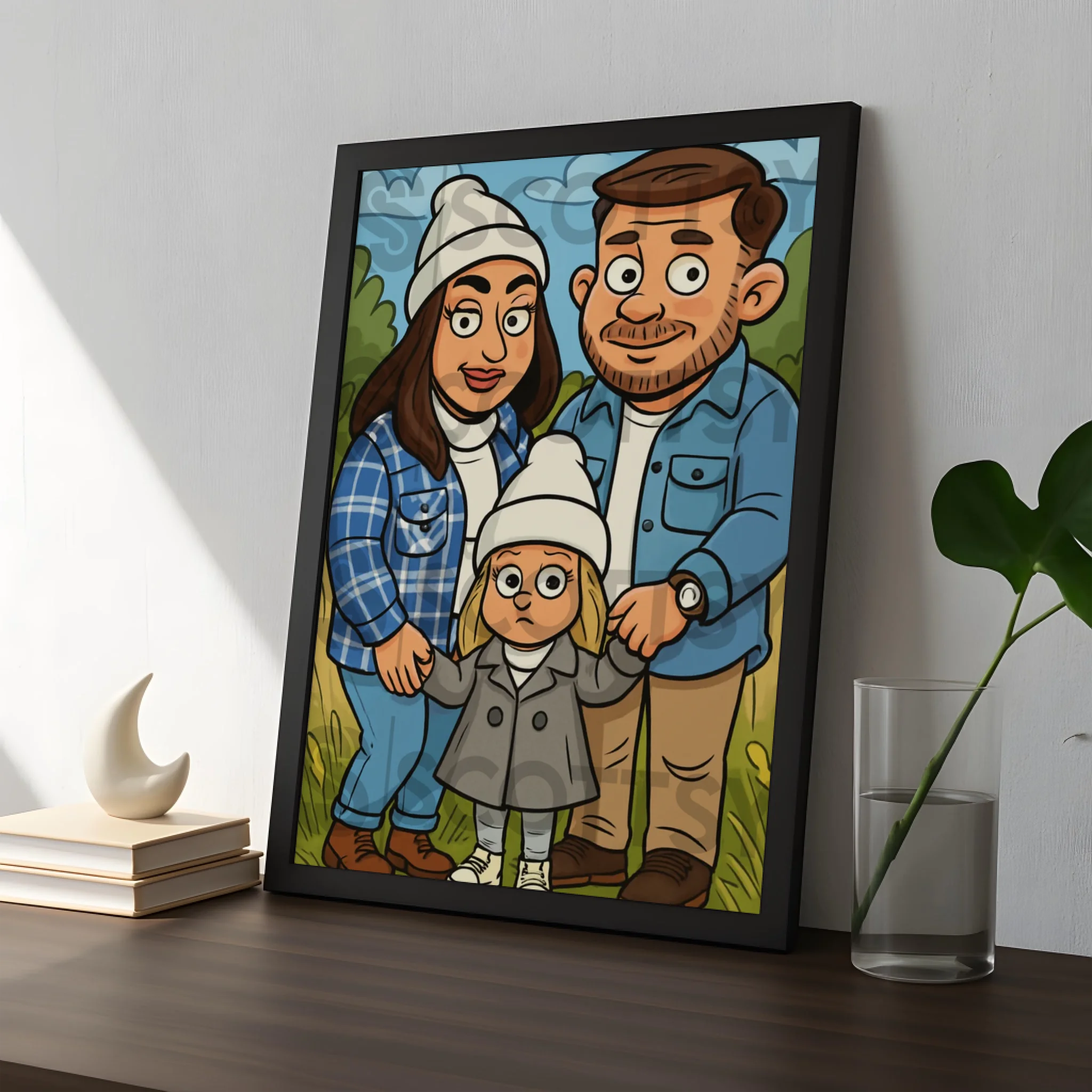 Custom caricature portrait frame displayed as wall art in a living room