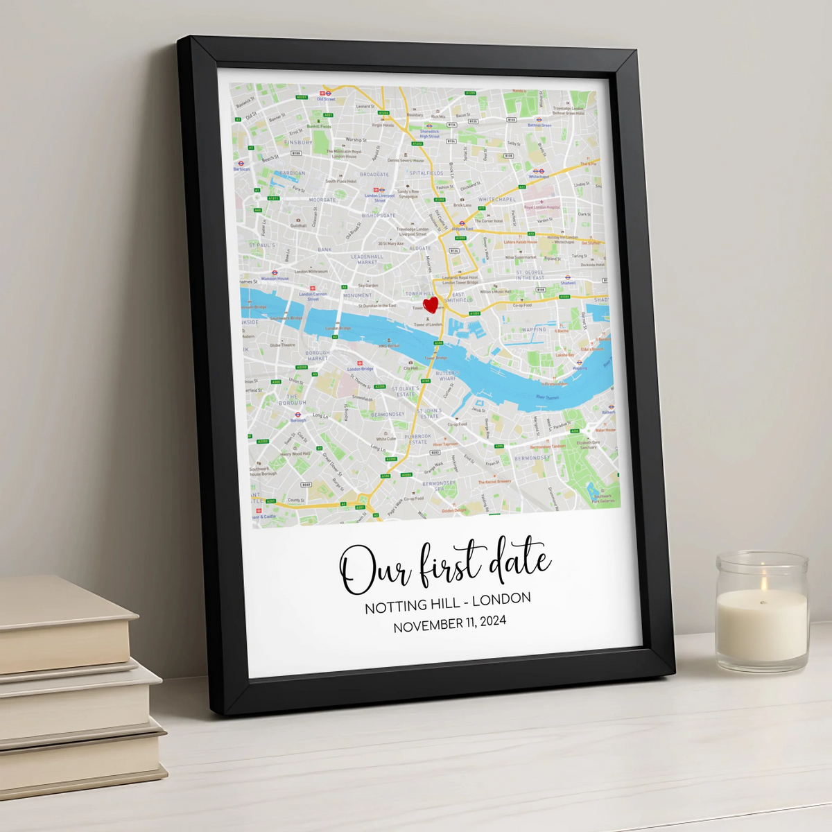 Personalised Map Print – Custom Location with Heart Marker, Names, Date & Coordinates – A4/A3 Framed Wall Art Gift for Couples