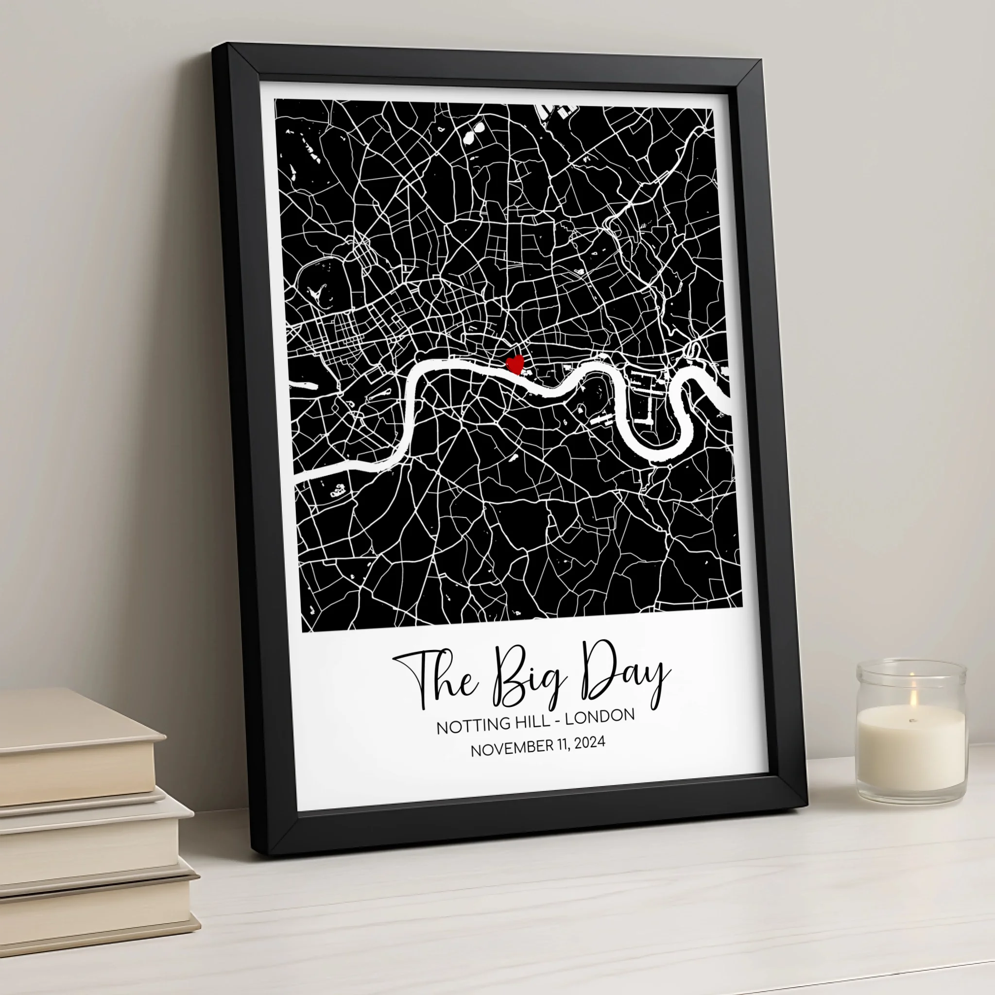 Close-up of a personalised map framed print with coordinates and couple names
