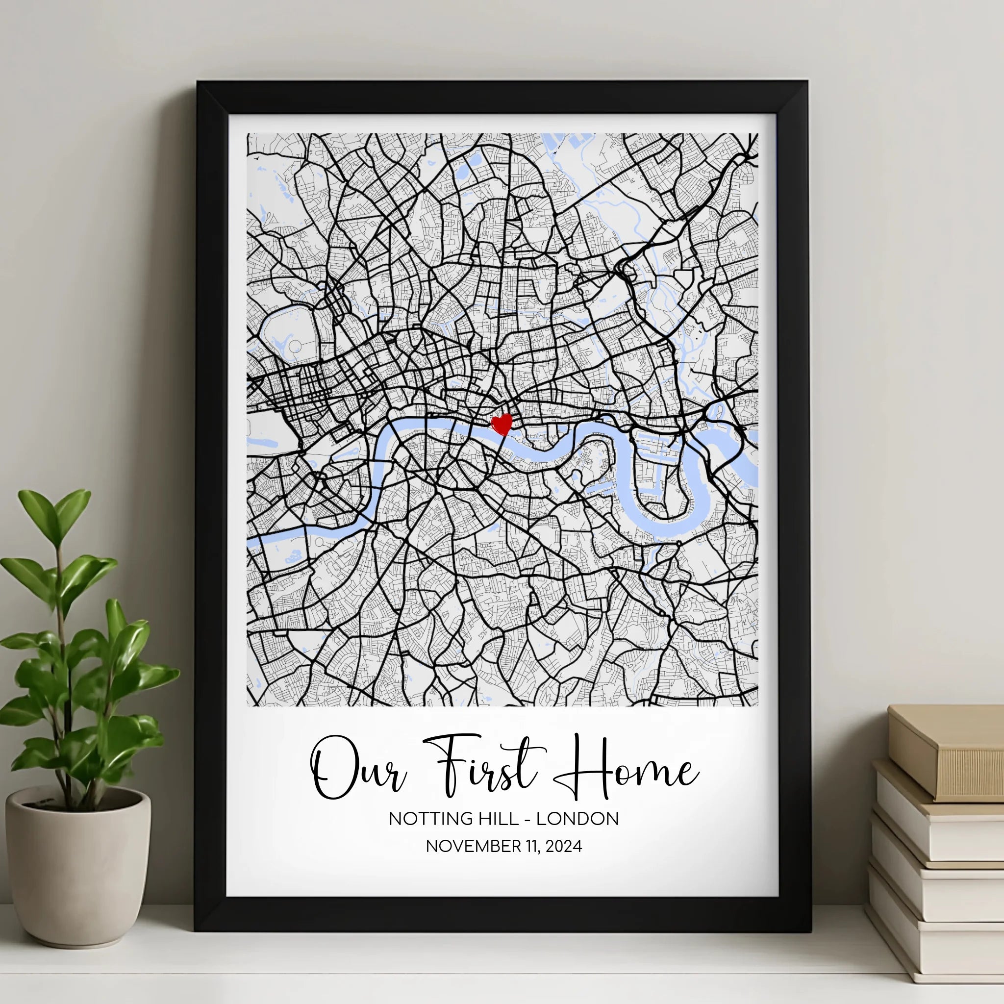 Personalised photo frame with location map, custom quote and coordinates printed below
