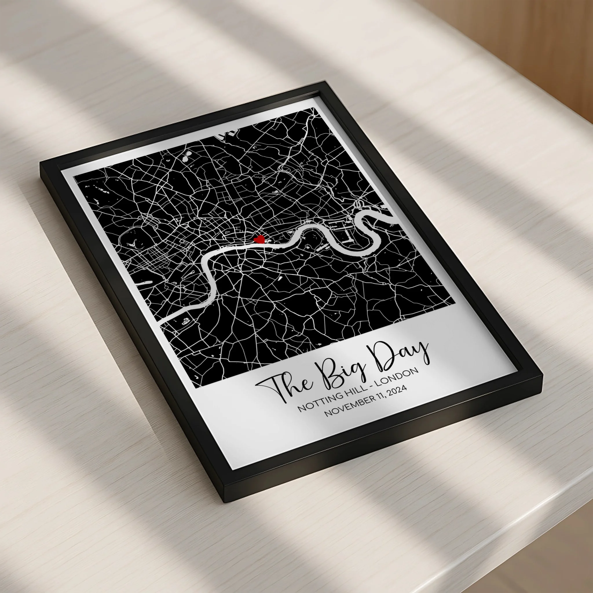 Custom map photo frame gift with names, date and location coordinates printed below
