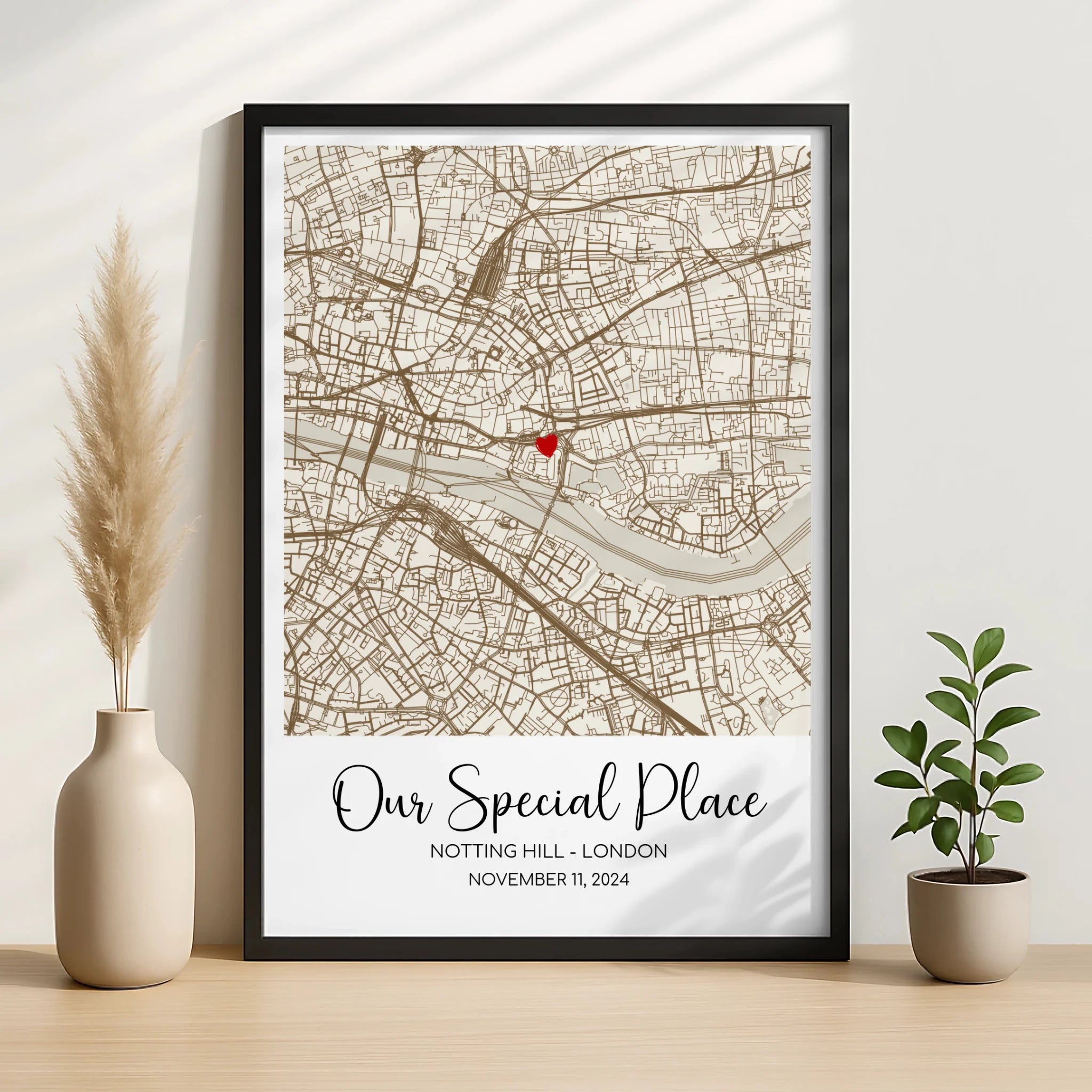 Custom map gift print displayed on a wall as personalised home decor for couples