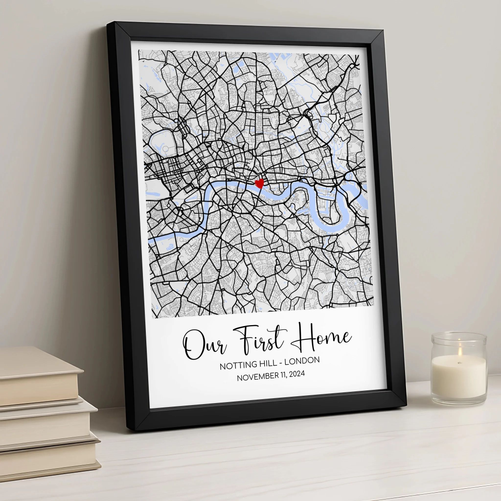 Personalised framed location map print with coordinates and custom text