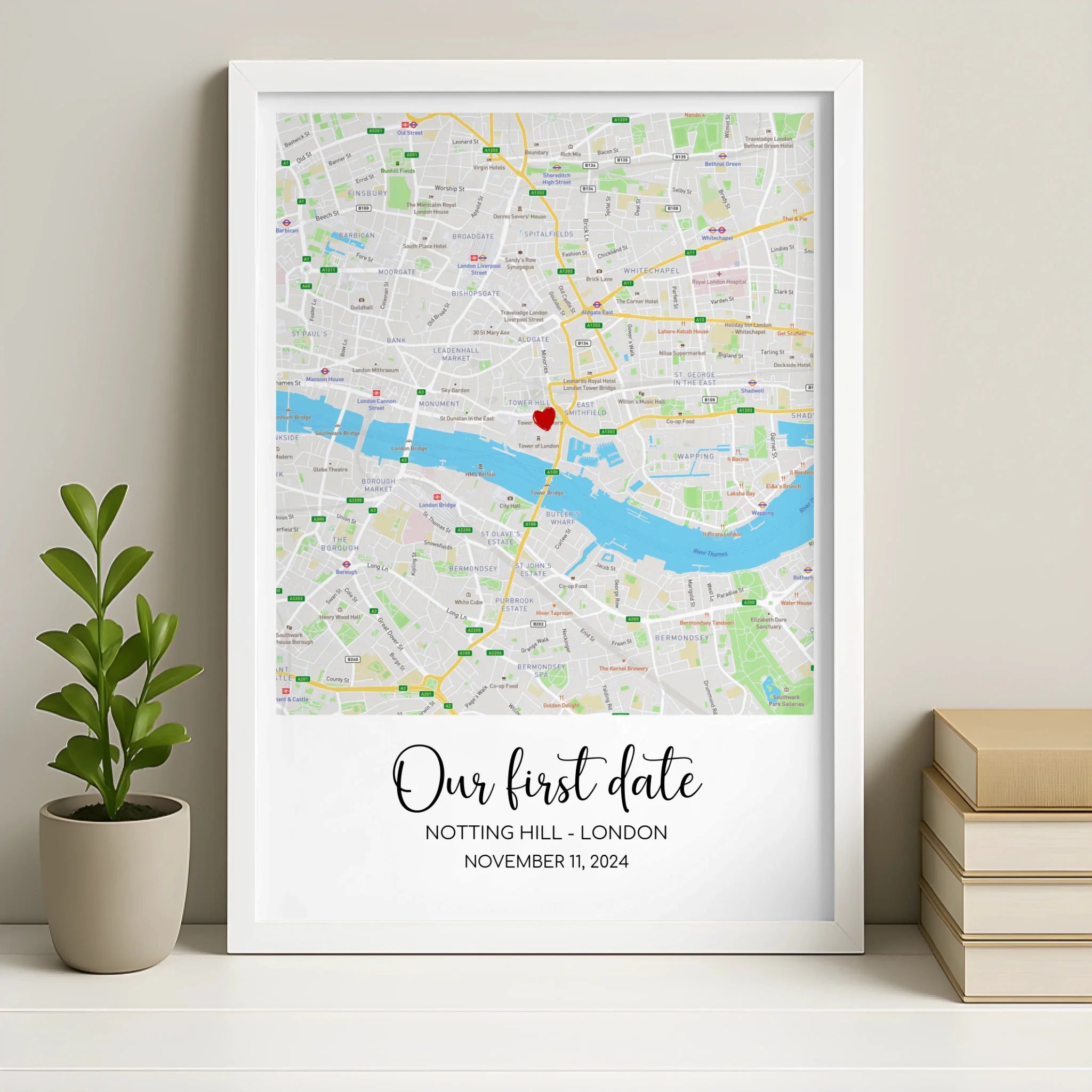Custom location map print in white frame with heart marker and personalised names