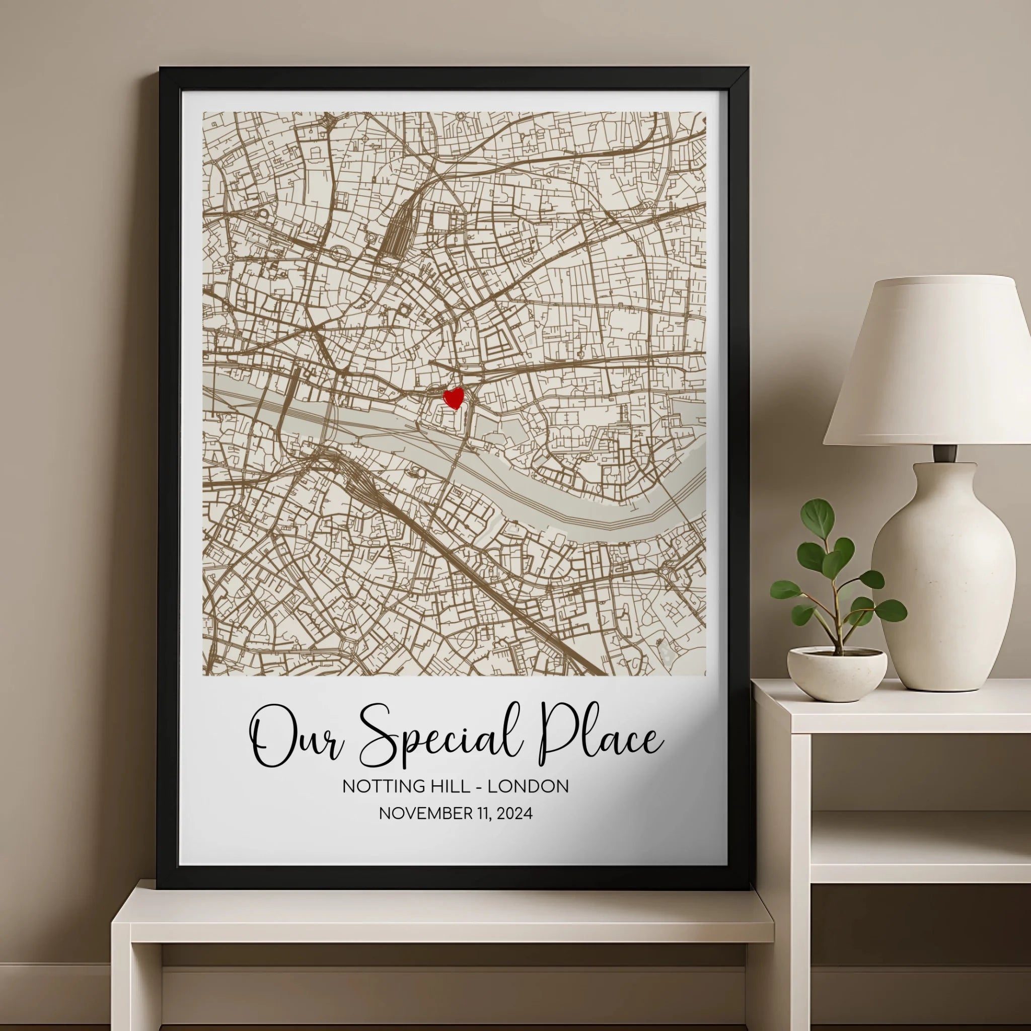 Custom framed map print with names, shown in A3 size as a couples gift