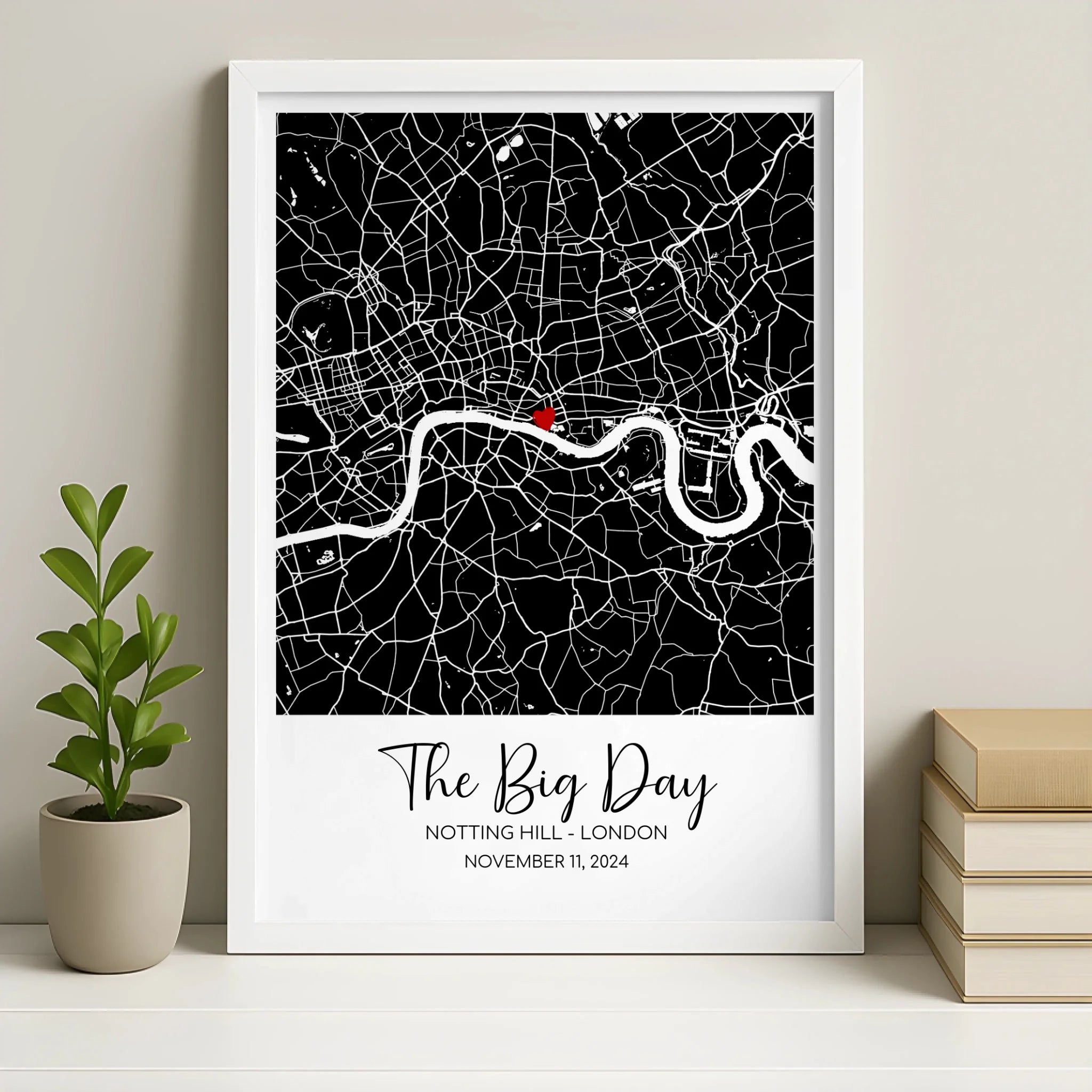 Personalised location map framed print in a white frame finish