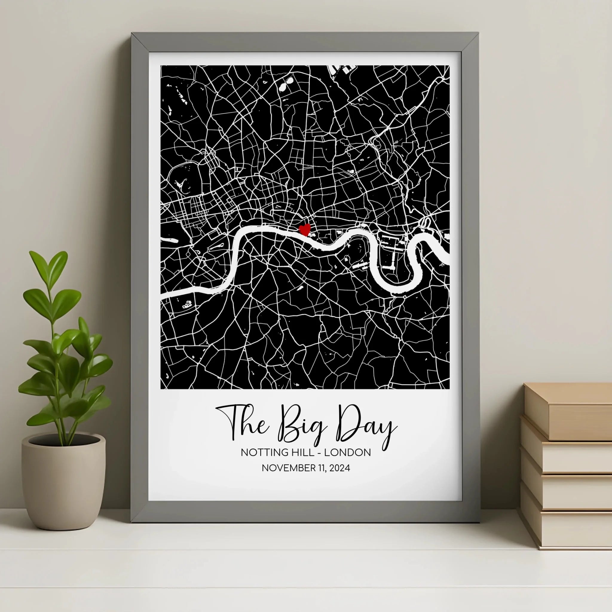 Custom map framed print in a grey frame with personalised names and date