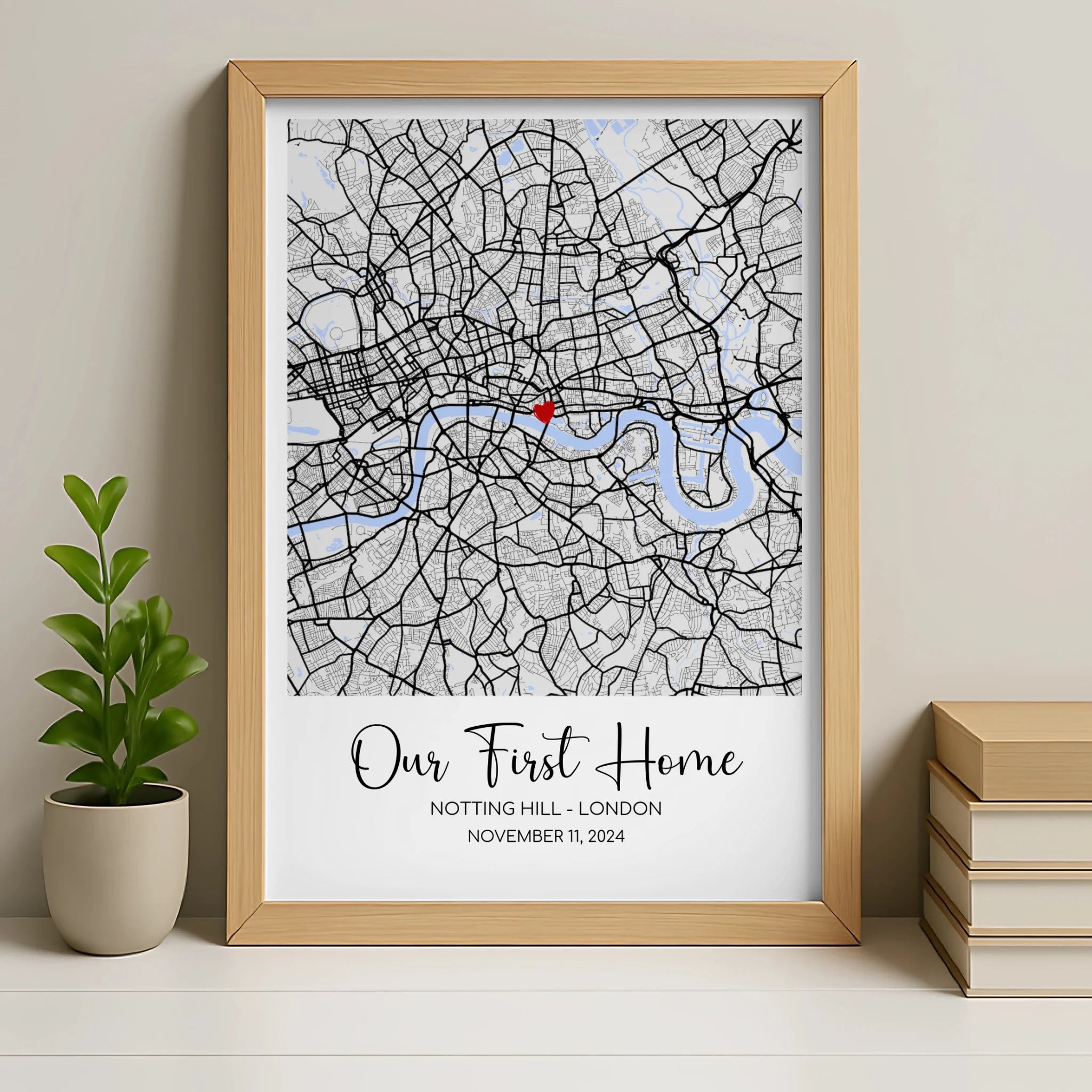 Oak framed personalised map print with custom location, quote and dates