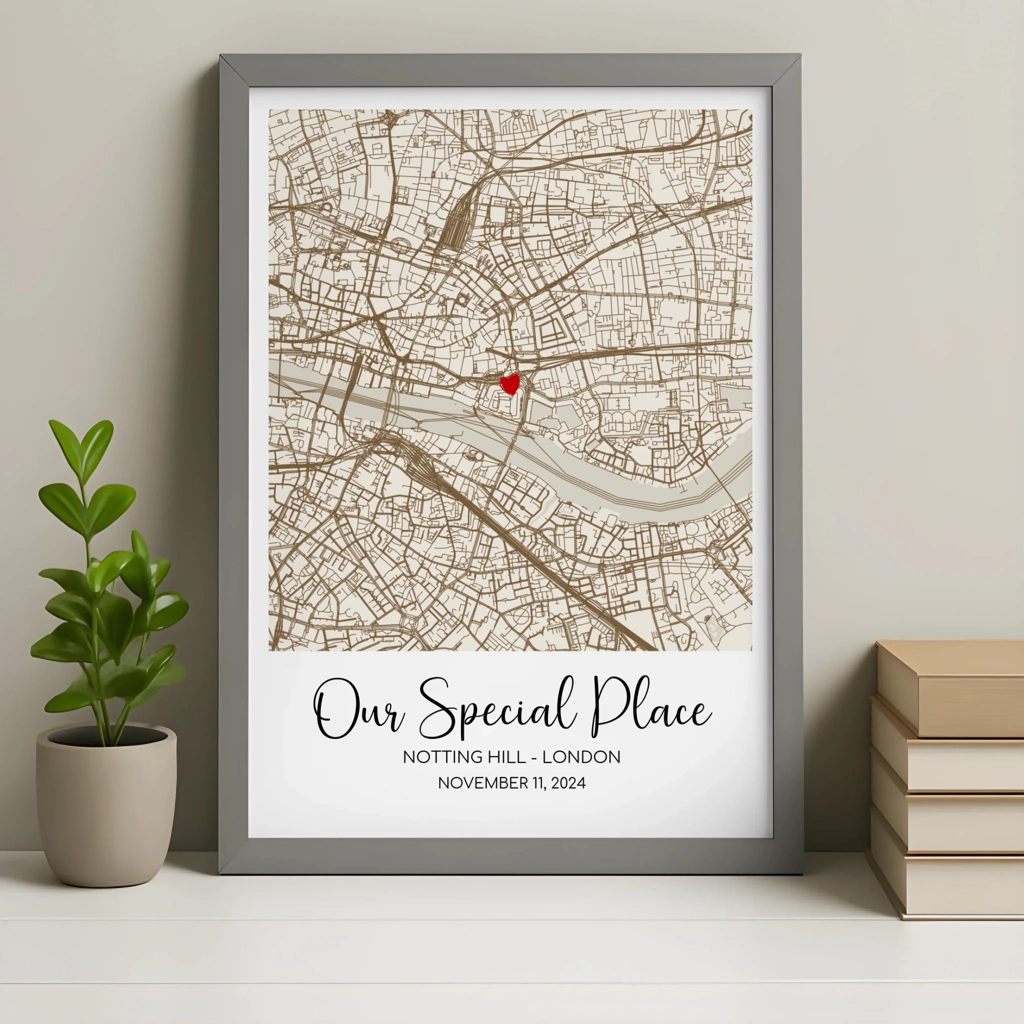 Grey framed personalised map wall art print with custom location and names