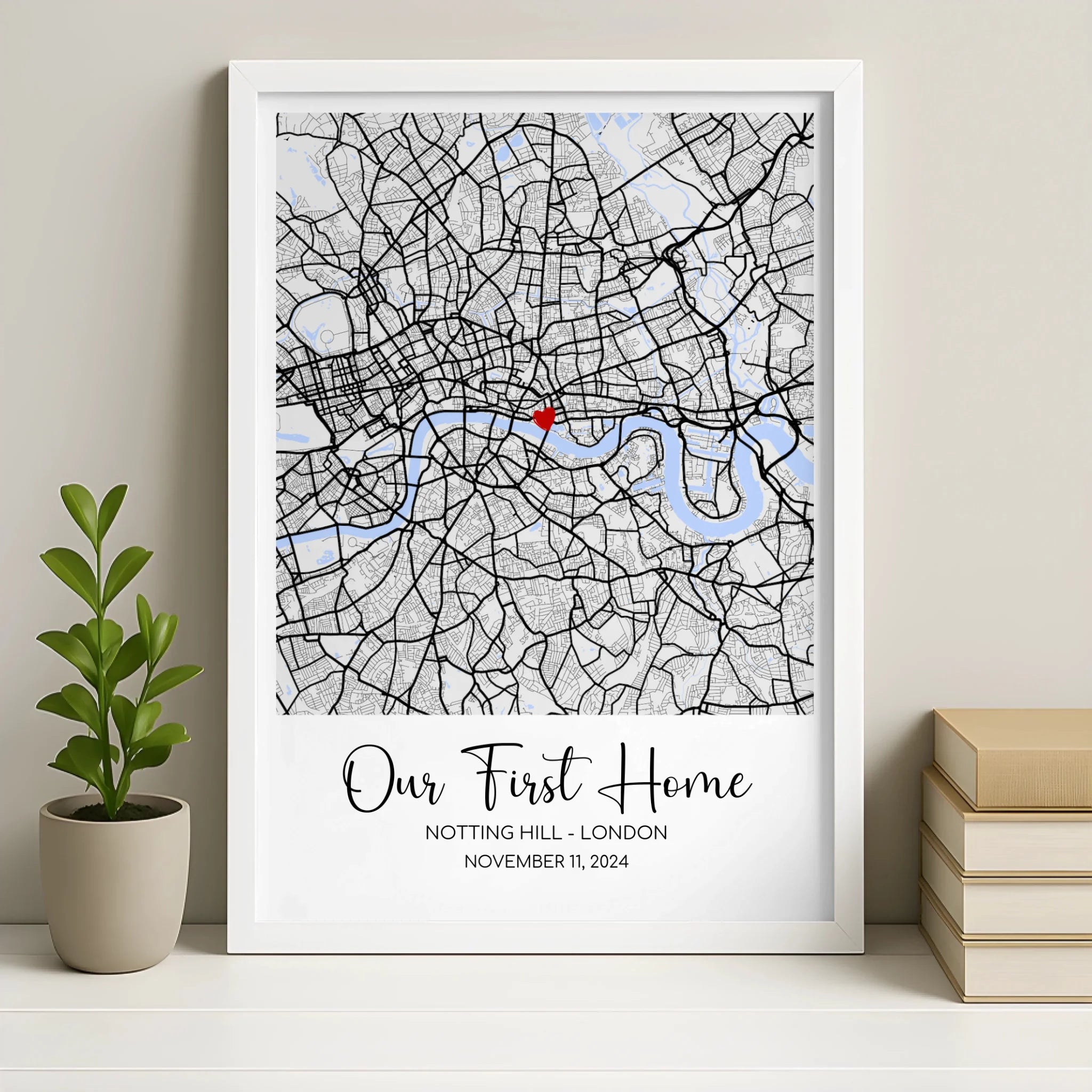 Personalised location map print in a white photo frame with custom coordinates and quote