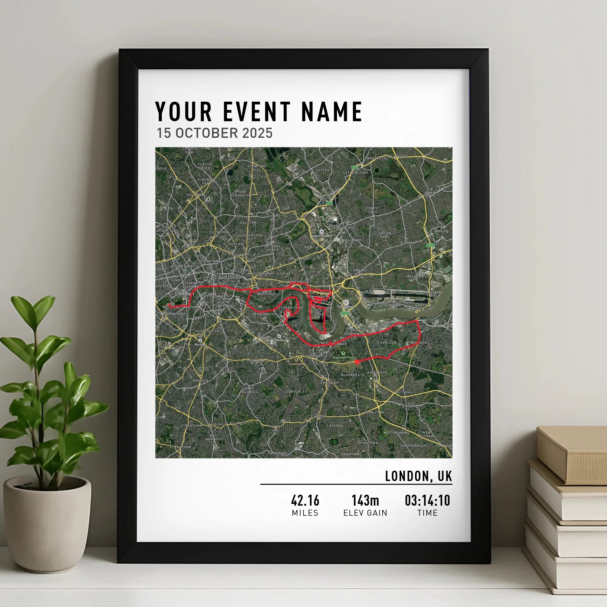 Personalised route map print in a custom photo frame showing a running route