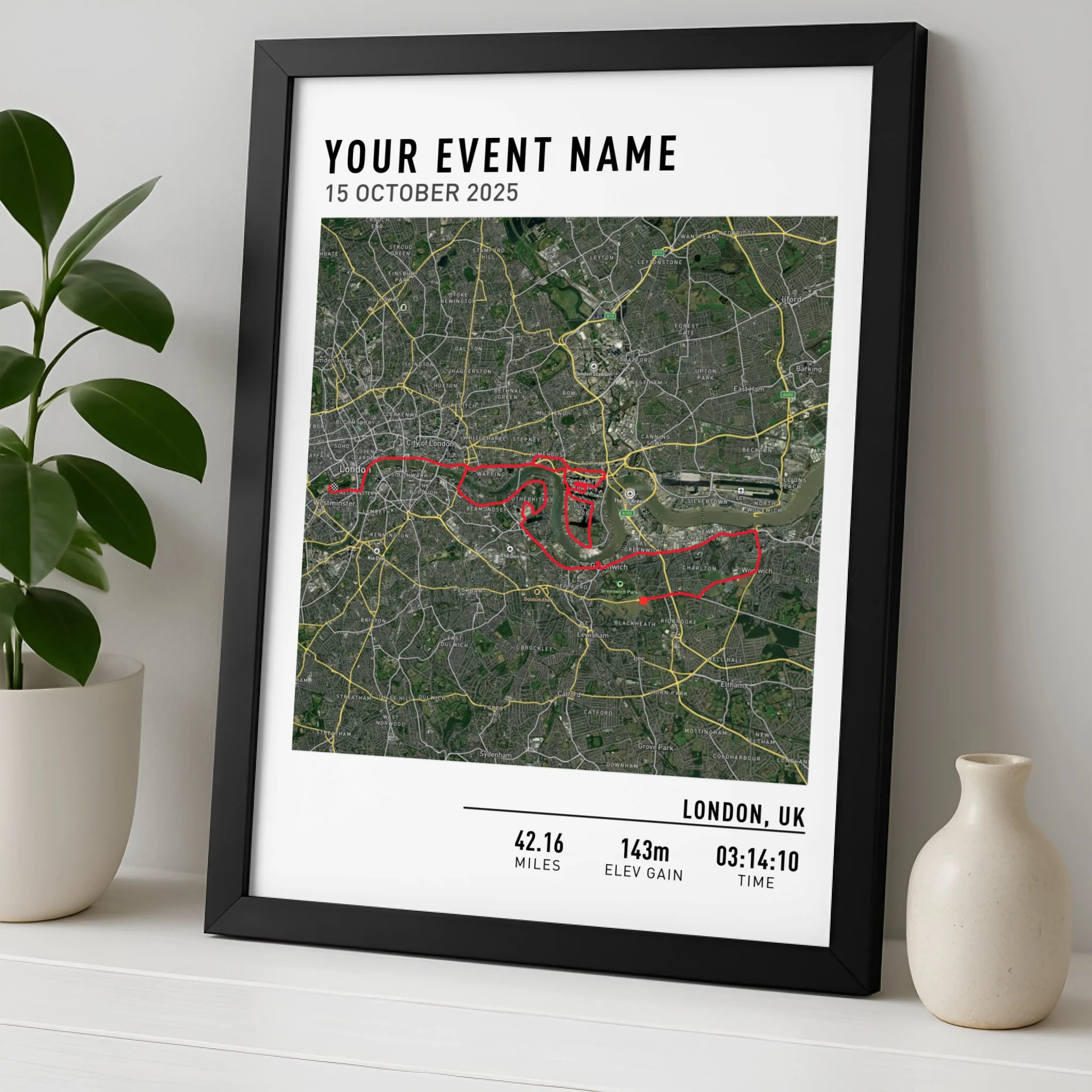 Custom GPX route map print framed as a personalised running gift