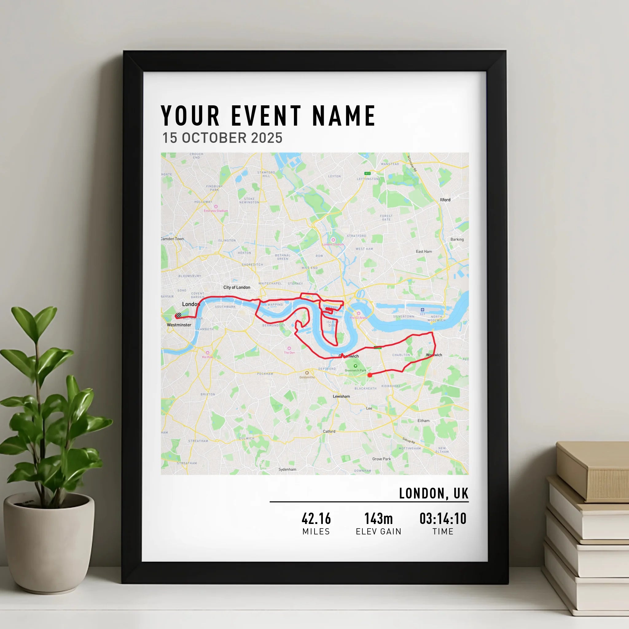 Personalised route map print in a custom photo frame showing a running route
