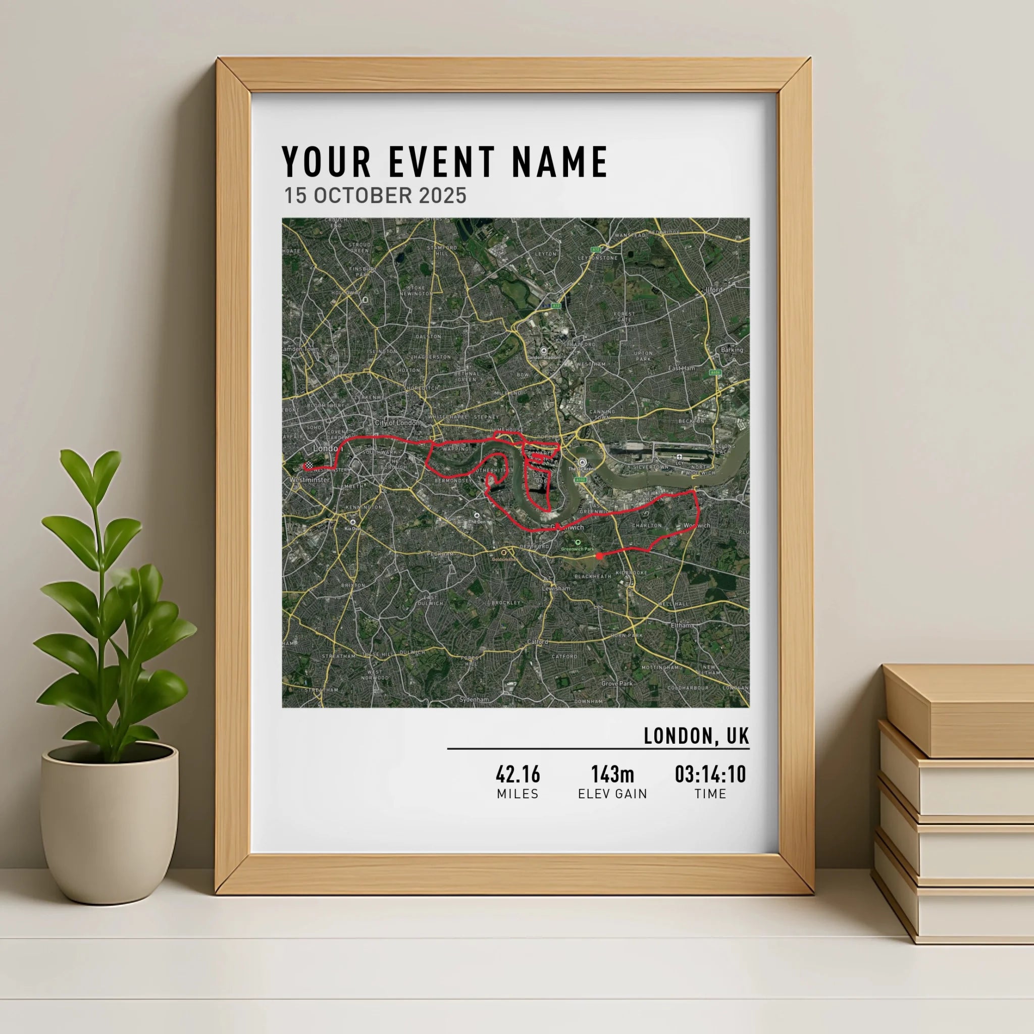 Custom route map print in an oak photo frame