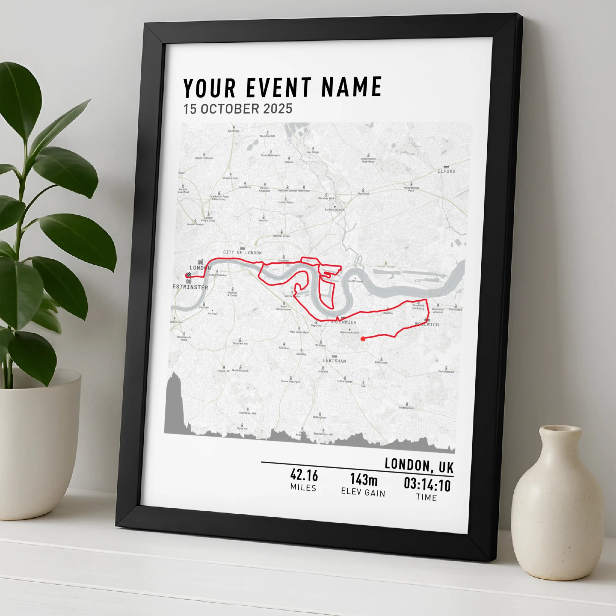 Custom GPX route map print framed as a personalised running gift with minimal design