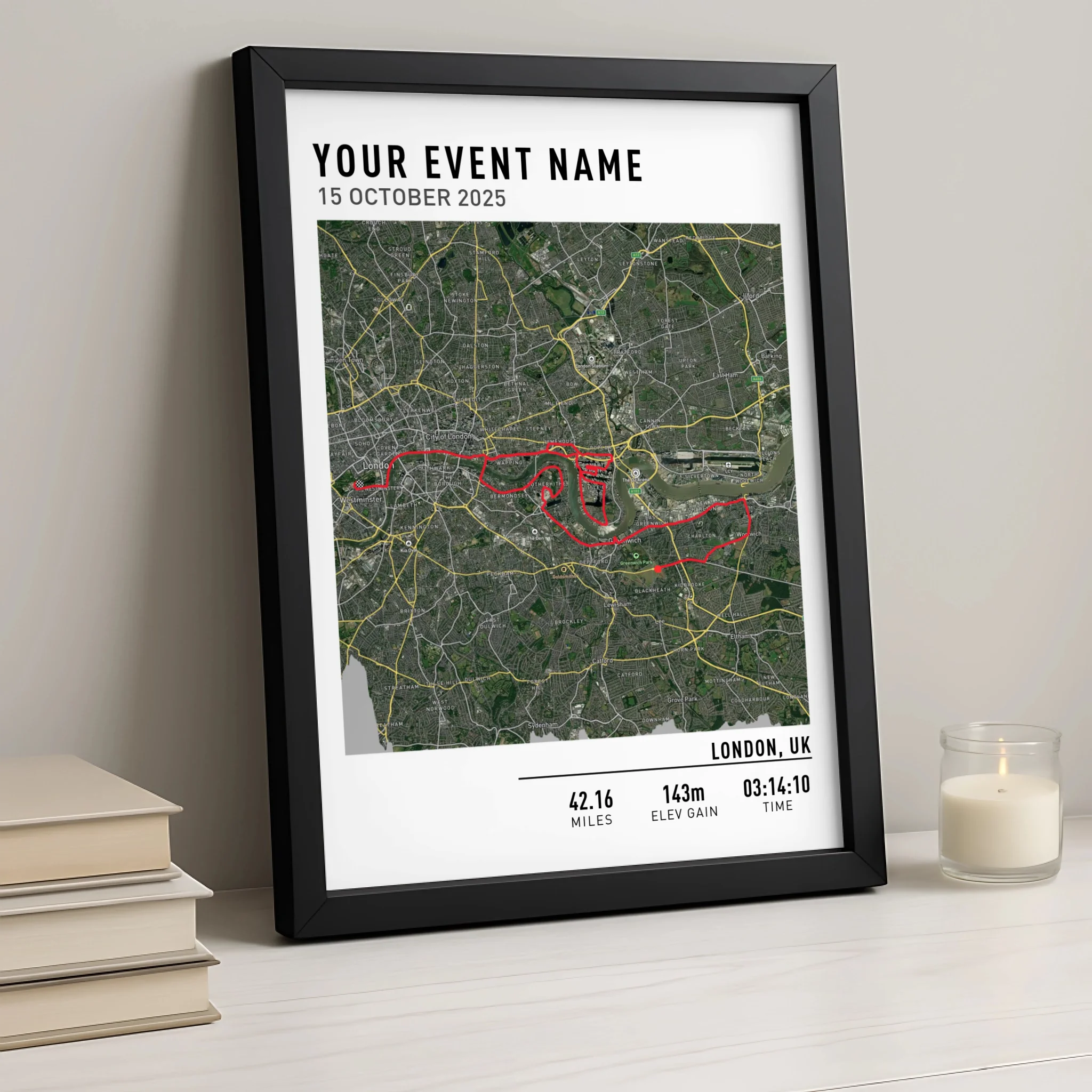 Personalised GPX route map print displayed in a custom photo frame