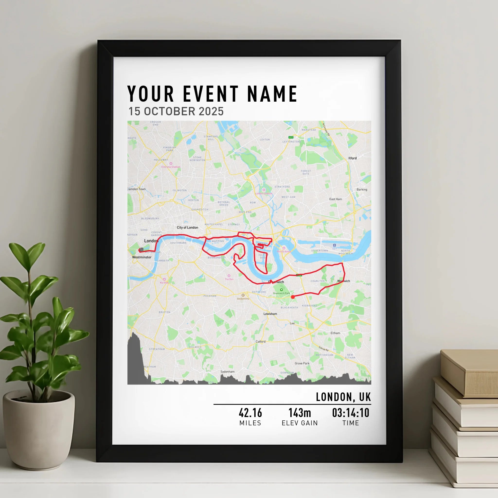 Personalised route map photo frame showing a running route with elevation profile