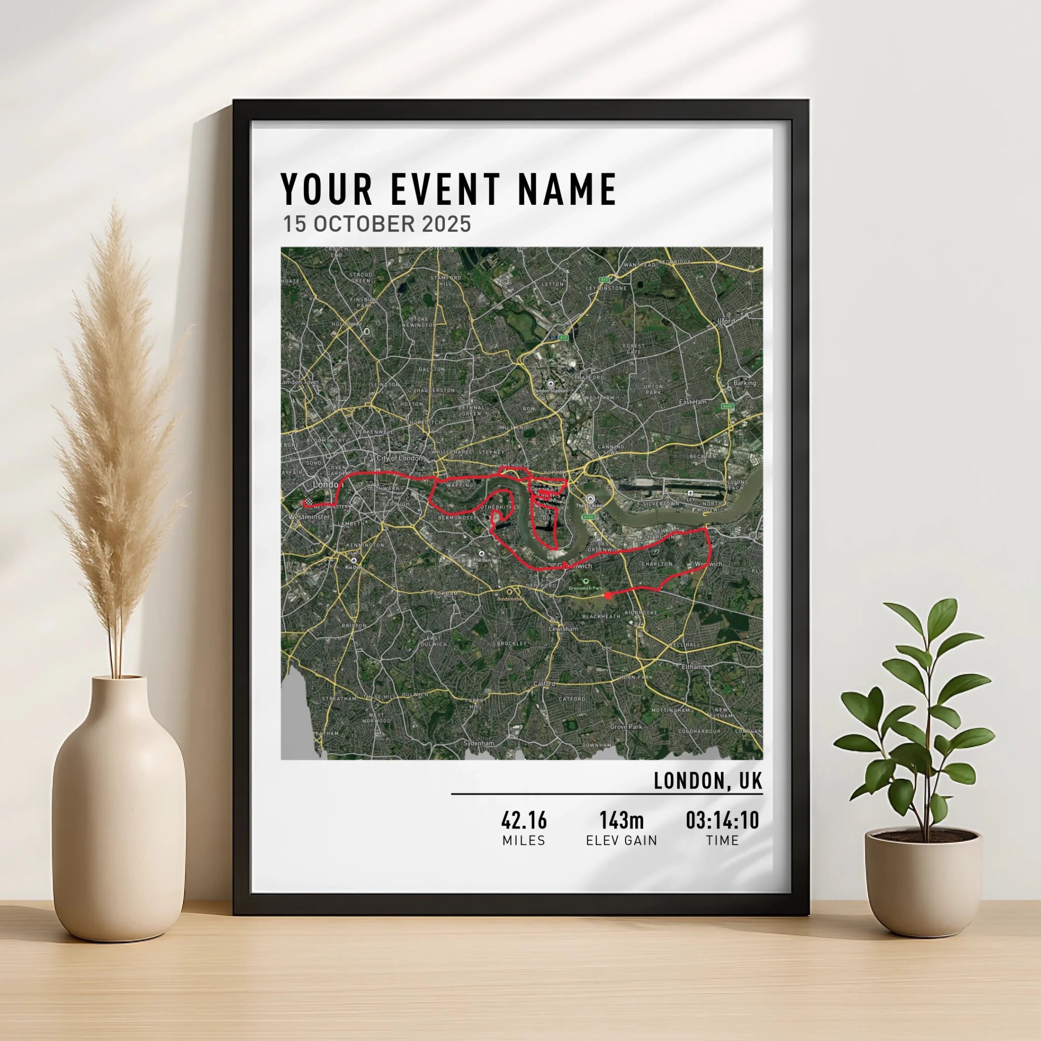 Close-up of a personalised route map print showing route details and elevation multiplier