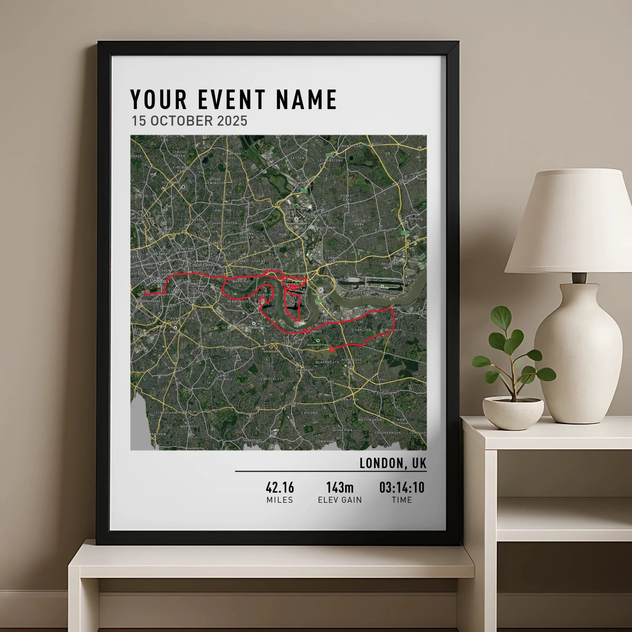 Personalised running route map print with elevation data in a photo frame