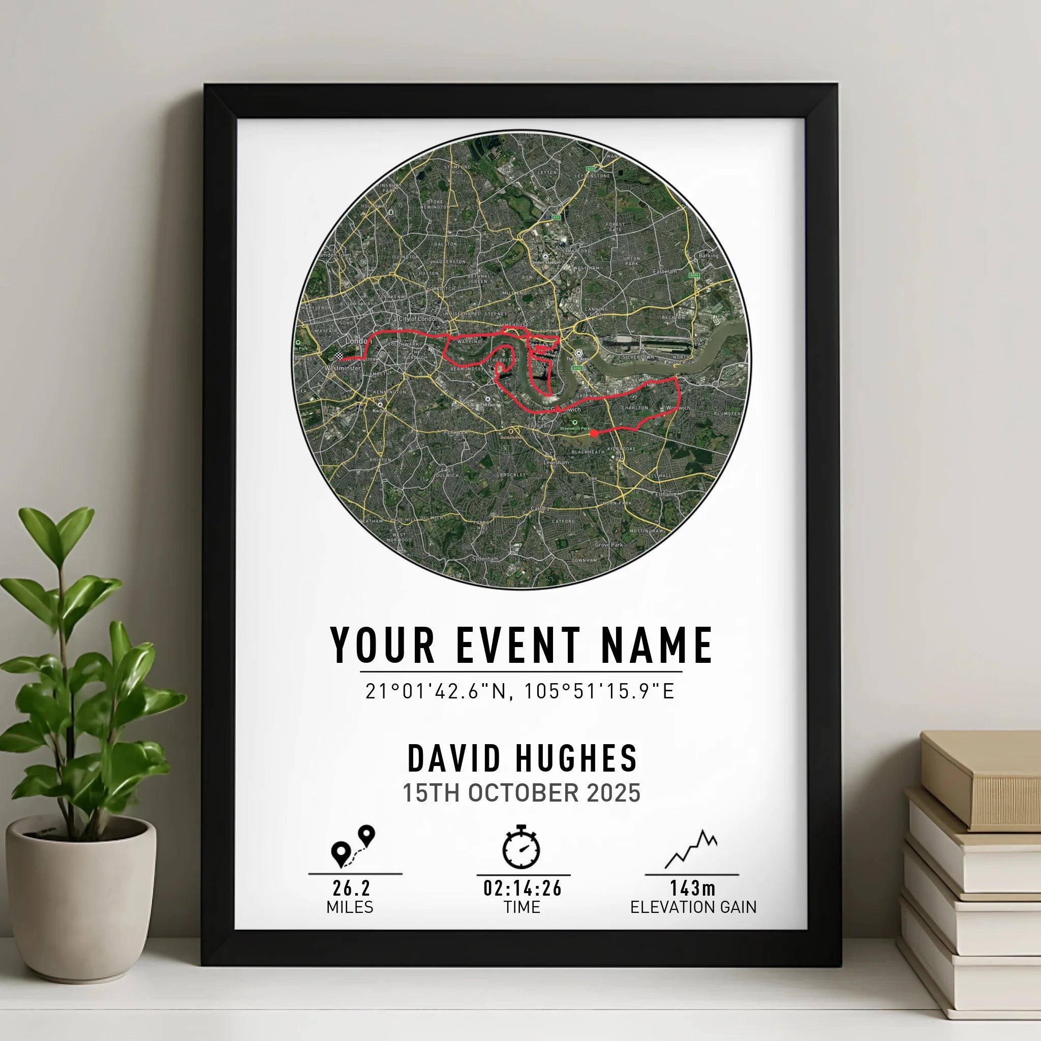 Personalised Route Map Print | Custom Running, Hiking or Cycling Gift | GPX Data or Link App - Street with Coordinates