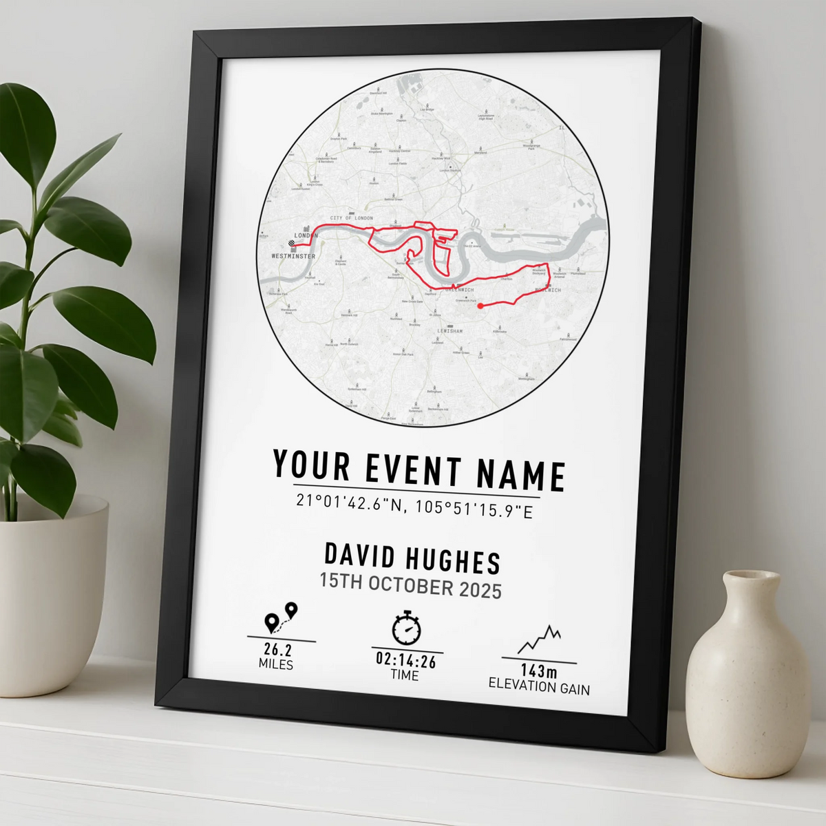 Personalised Route Map Print | Custom Running, Hiking or Cycling Gift | GPX Data or Link App - Minimal with Coordinates
