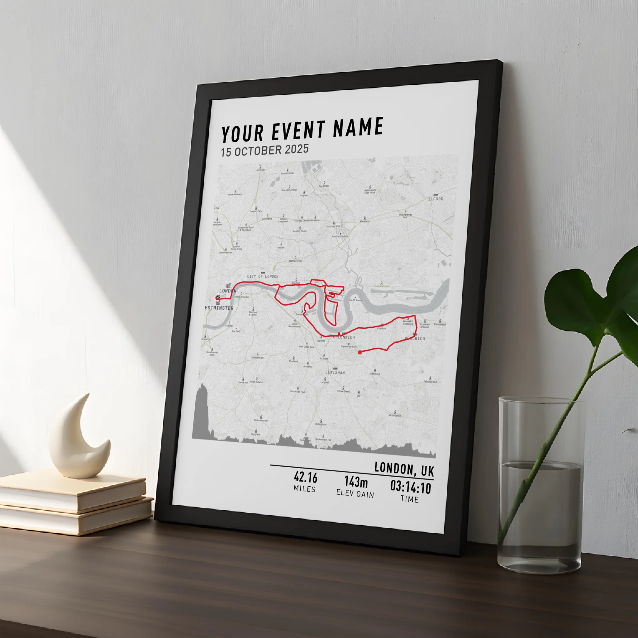 Customised route map print framed on a wall showing a personal running route