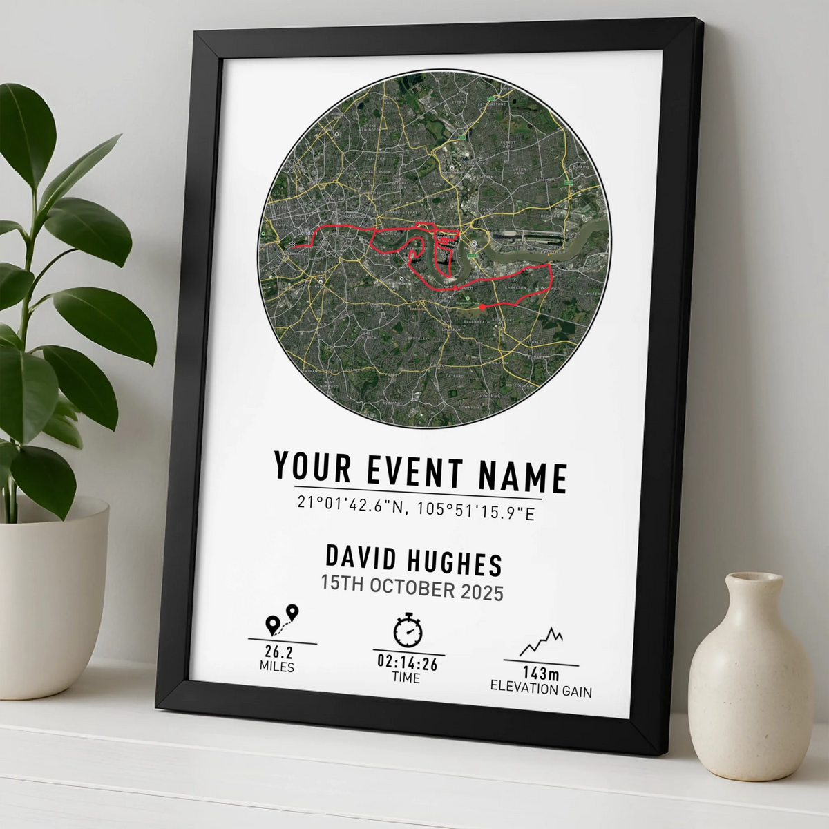 Personalised Route Map Print | Custom Running, Hiking or Cycling Gift | GPX Data or Link App - Street with Coordinates