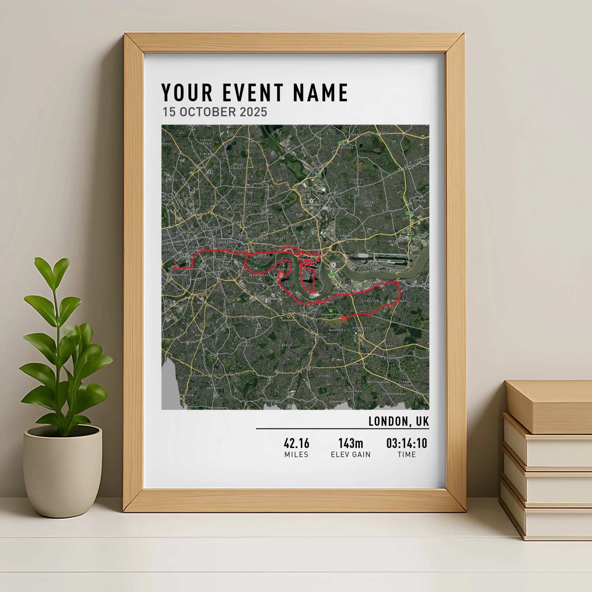 Custom GPX route map print displayed in an oak photo frame