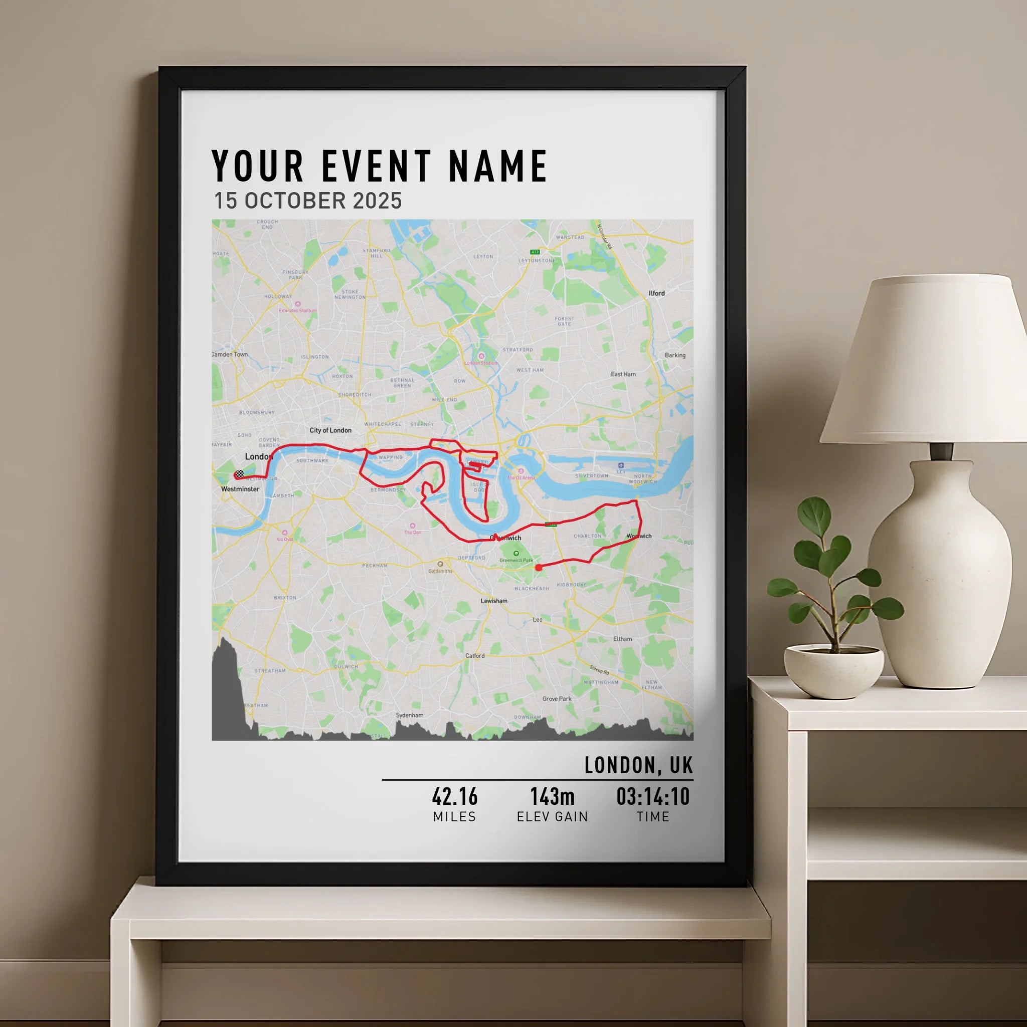 Custom nav map print in a photo frame showing a road cycling route