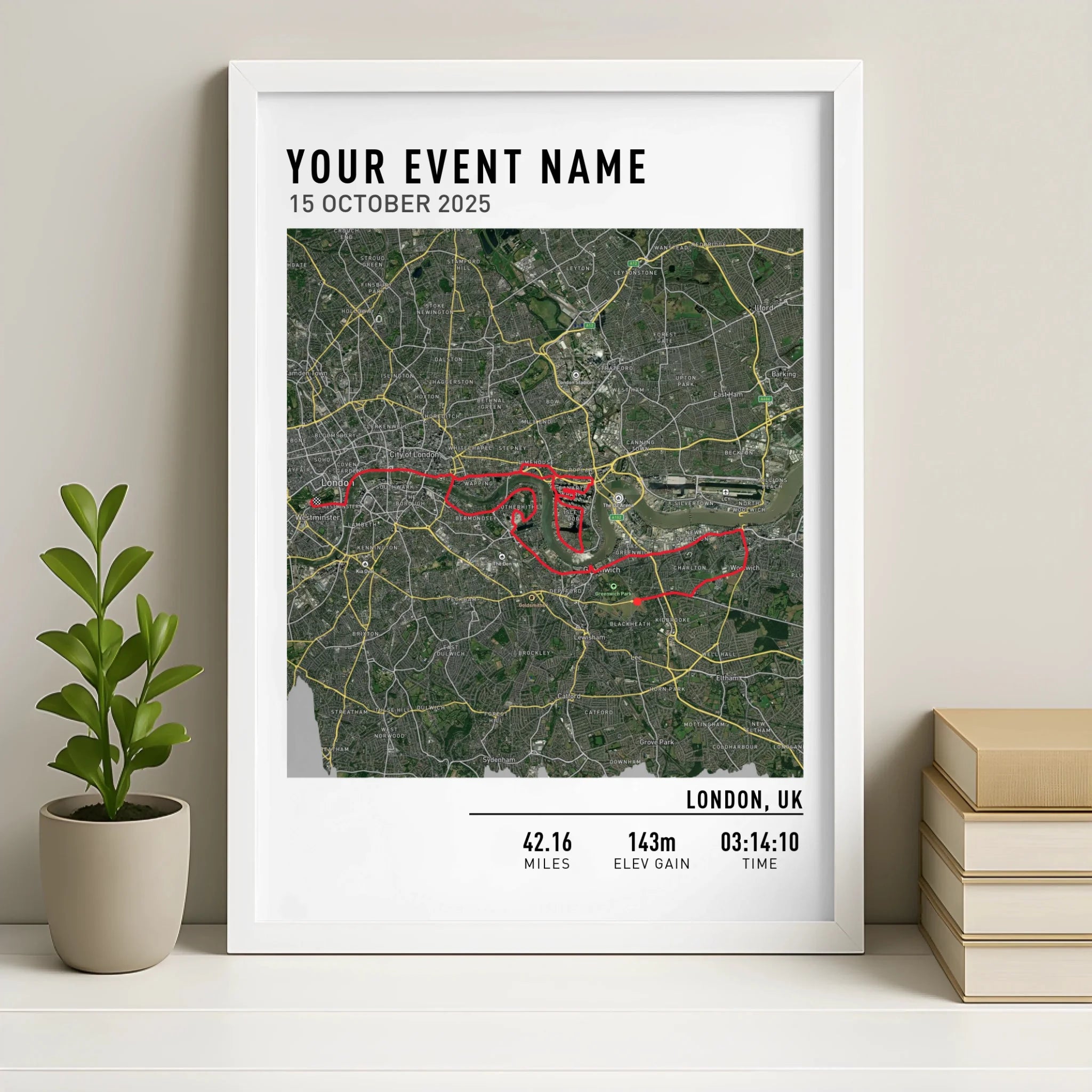 Personalised route map photo frame print in white frame