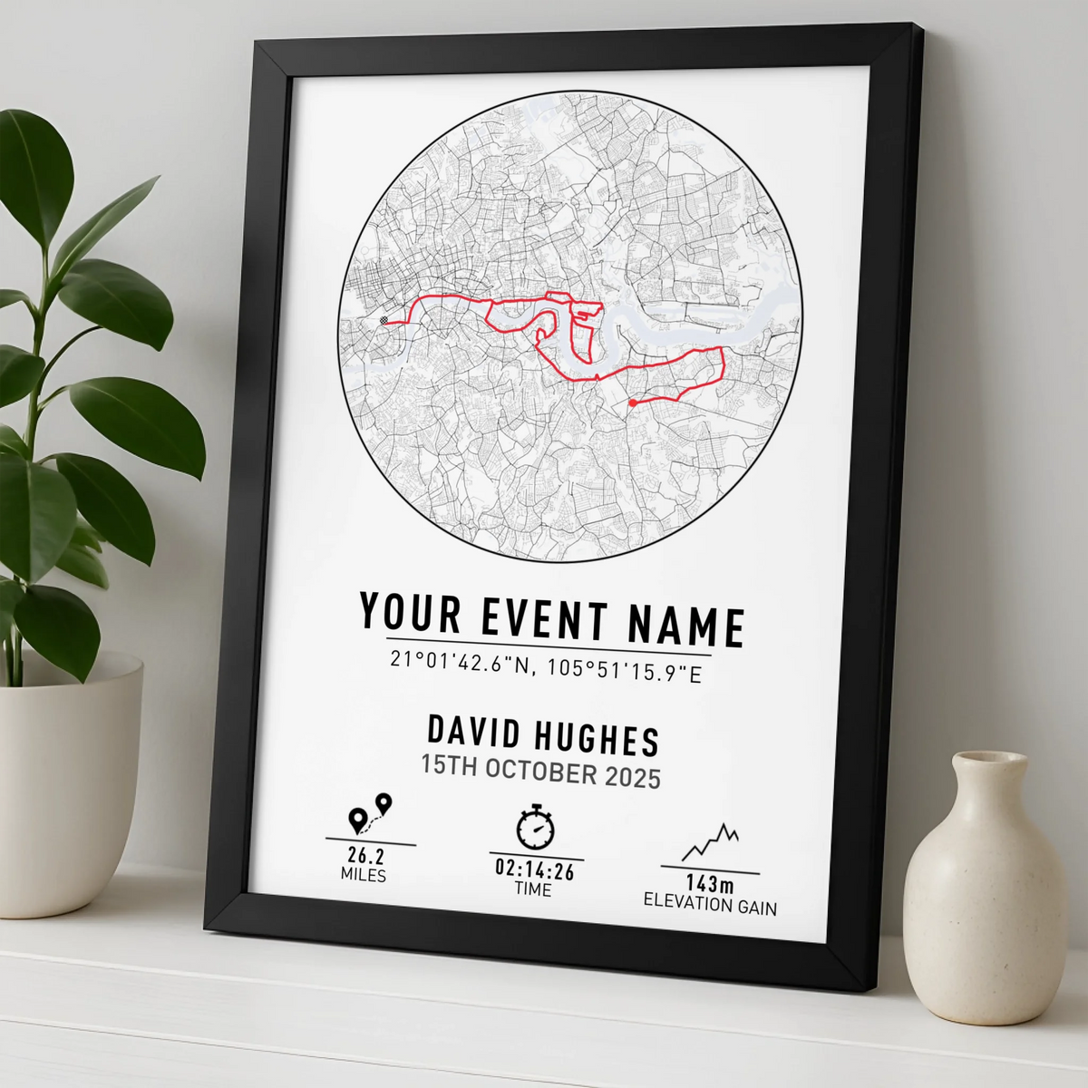 Personalised Route Map Print | Custom Running, Hiking or Cycling Gift | GPX Data or Link App - Modern with Coordinates