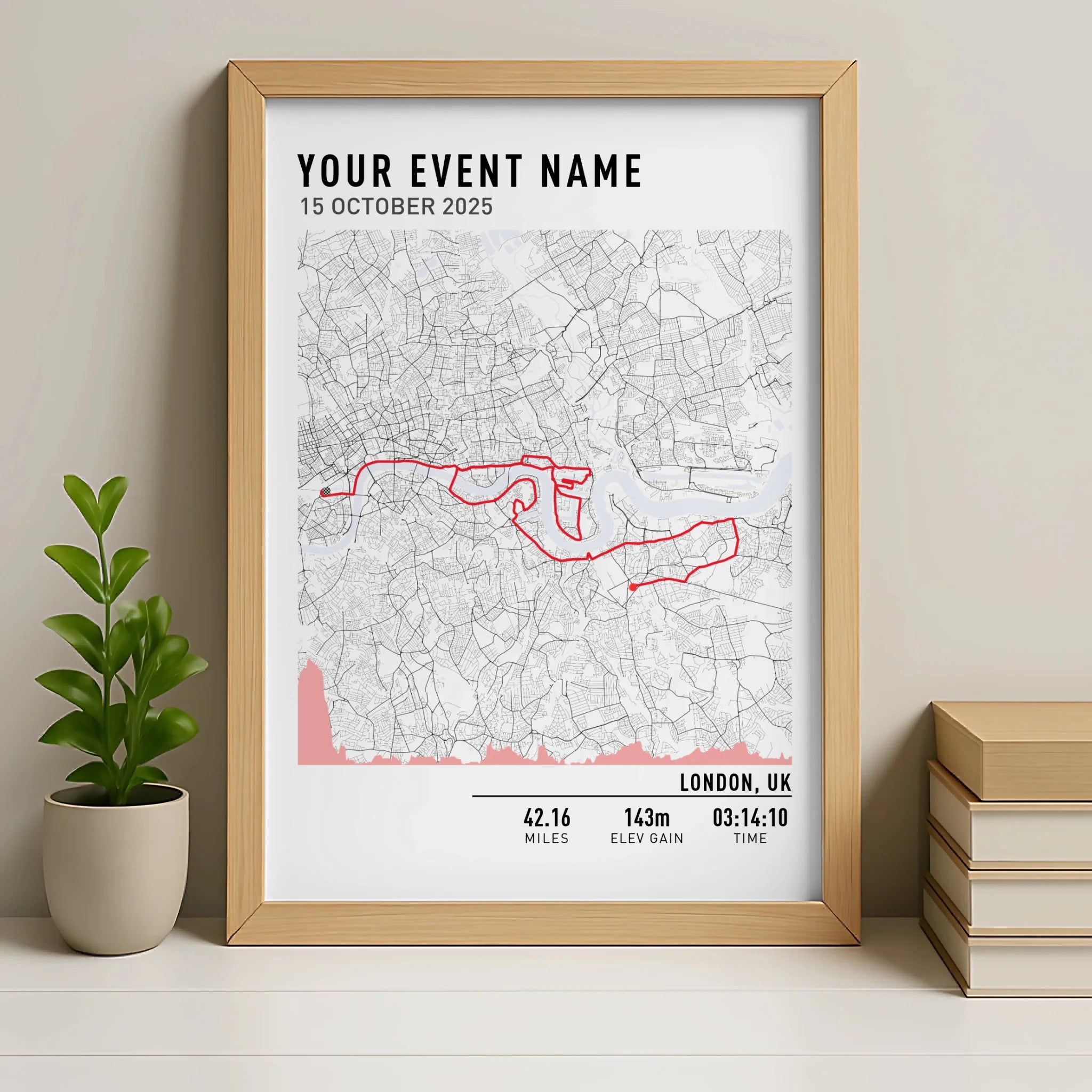 Oak framed personalised GPX route map print for a runner, cyclist or hiker