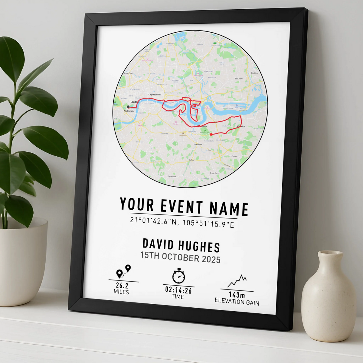 Personalised Route Map Print | Custom Running, Hiking or Cycling Gift | GPX Data or Link App - Navigation with Coordinates