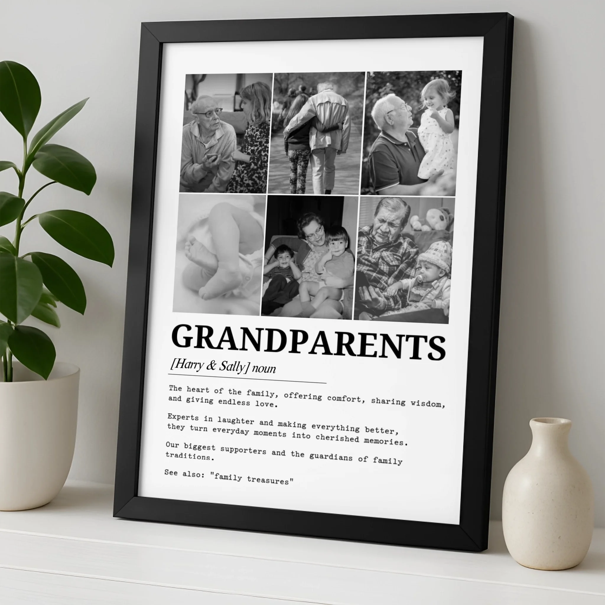 Custom grandparents dictionary art print showing six personalised family photos