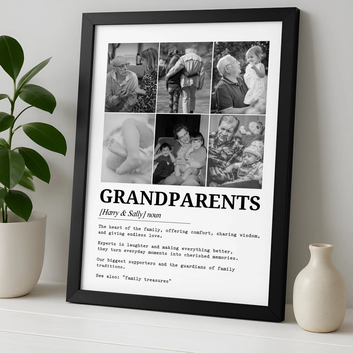 Personalised Grandparents Definition Photo Print | Custom 6 Picture Dictionary Art | Unique Family Milestone & Anniversary Gift | Black & White