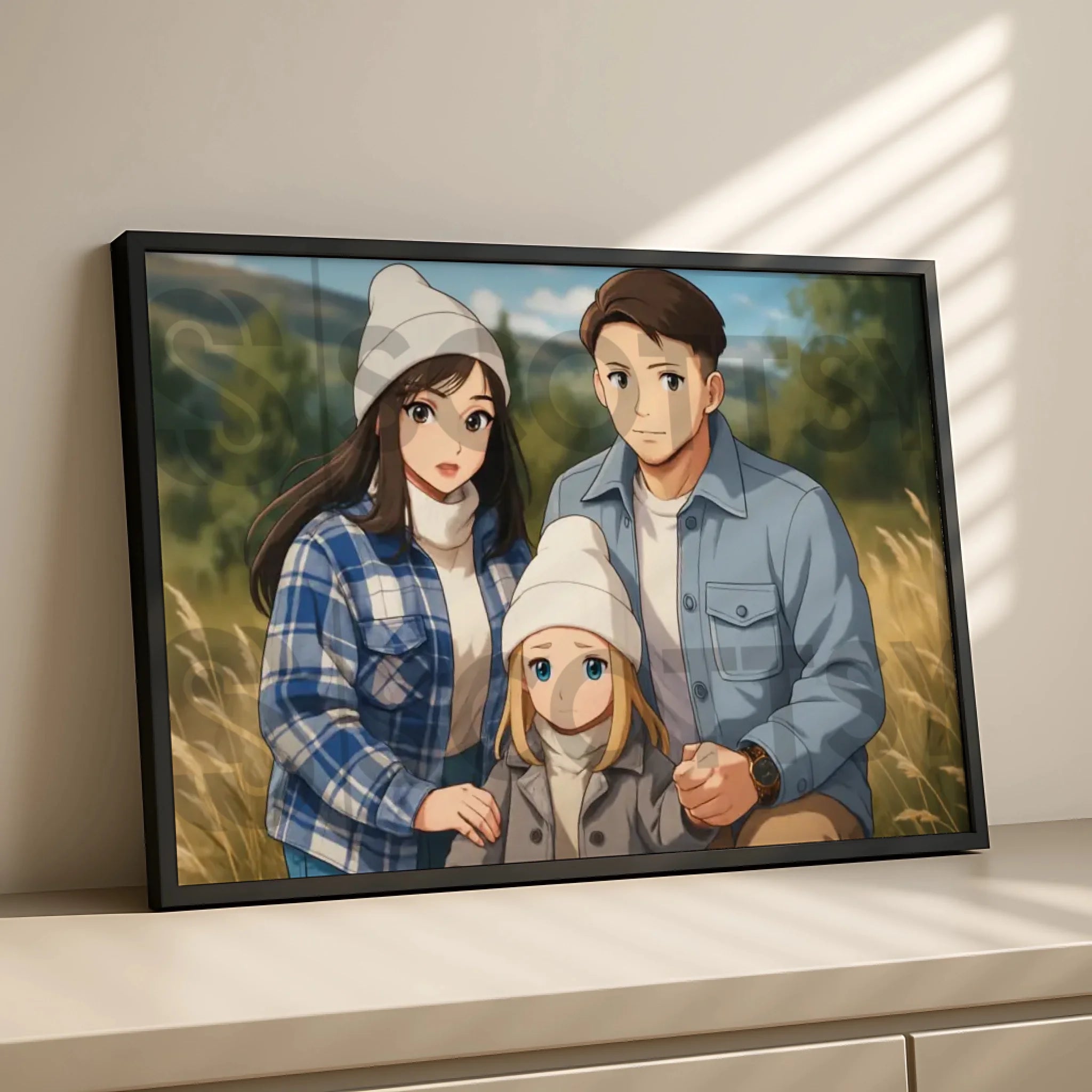 Custom manga style portrait framed as wall art