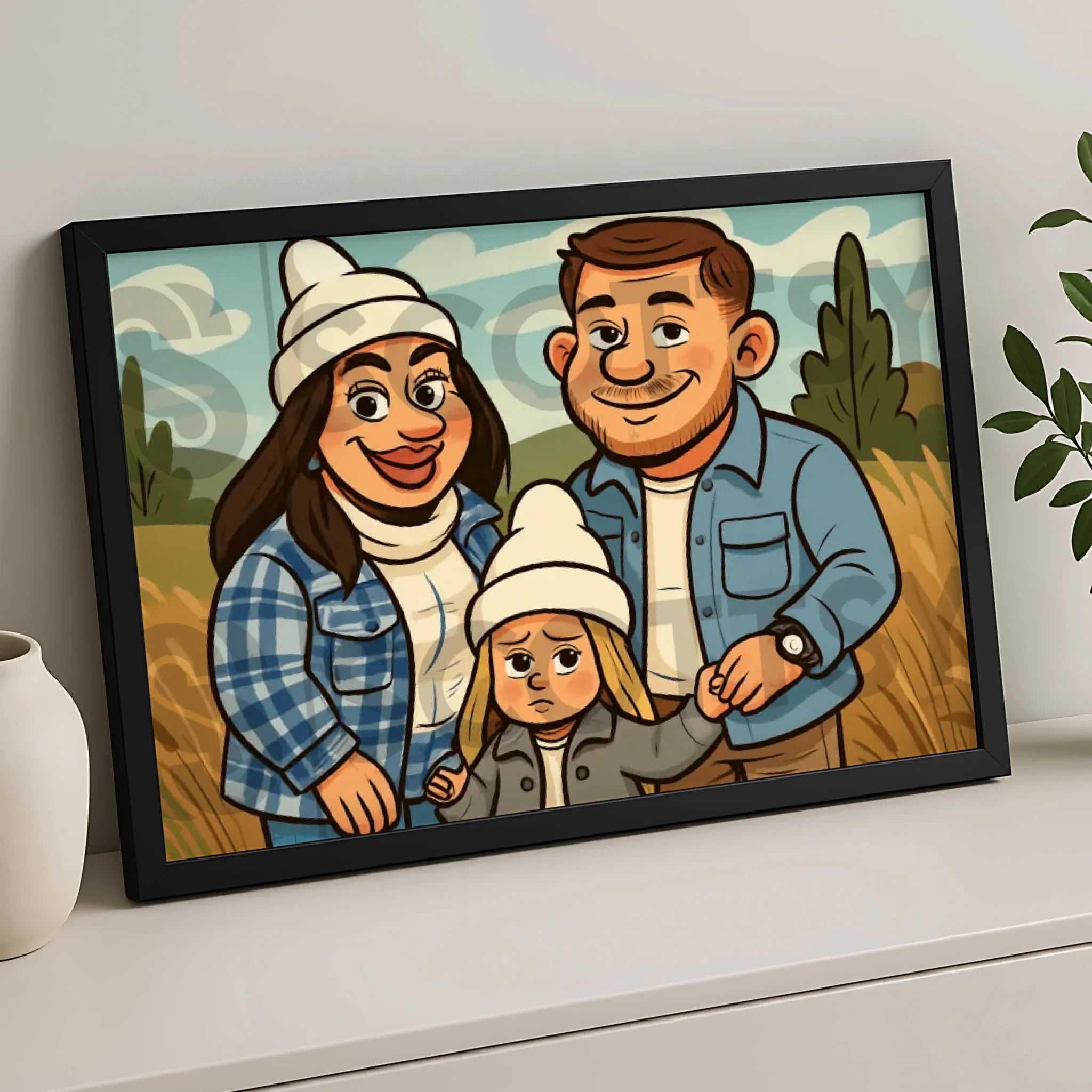 Personalised cartoon illustration printed and framed as wall art