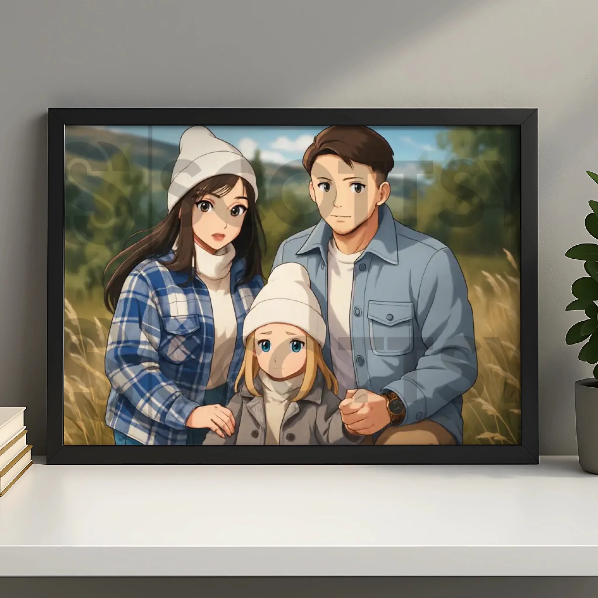 Custom cartoon illustration printed and framed as personalised wall art