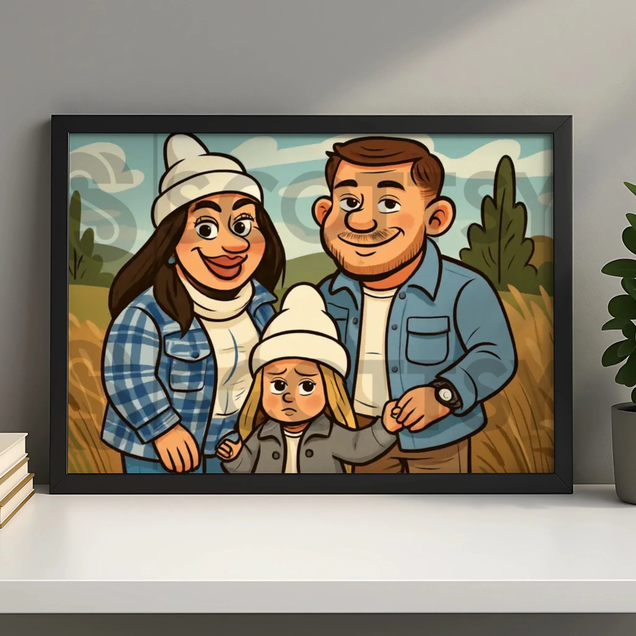 Custom cartoon caricature portrait printed in a photo frame gift