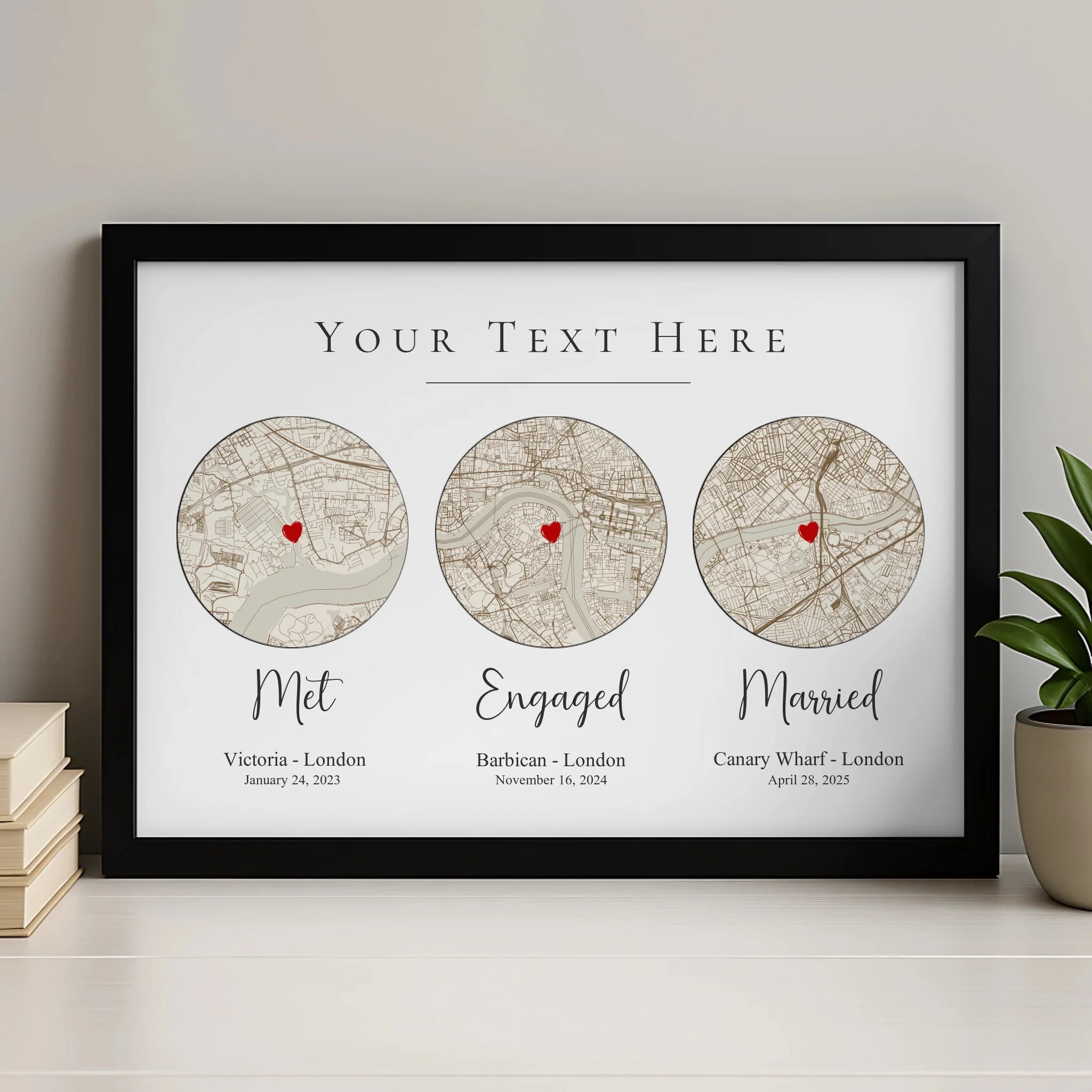 Personalised our story map print in a white frame showing custom location, names and date