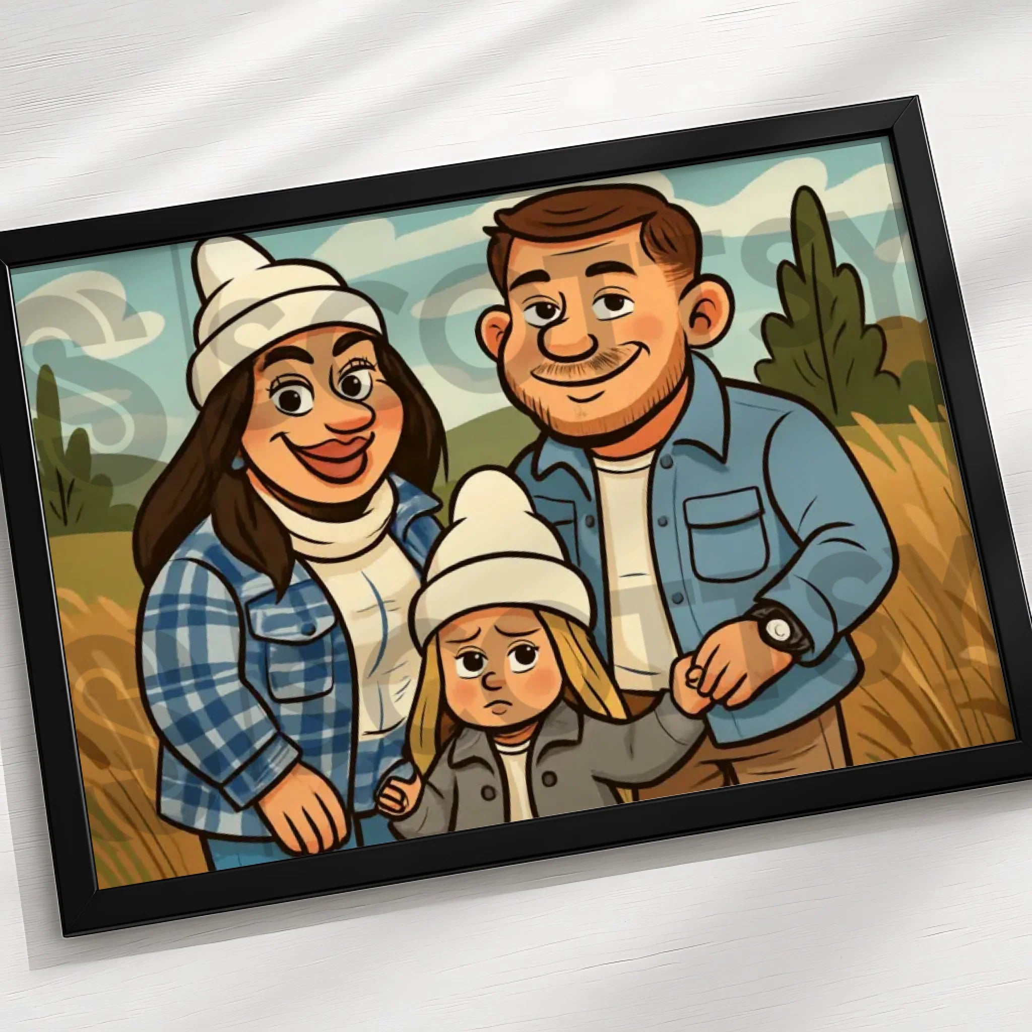 Personalised caricature illustration displayed in a gift frame