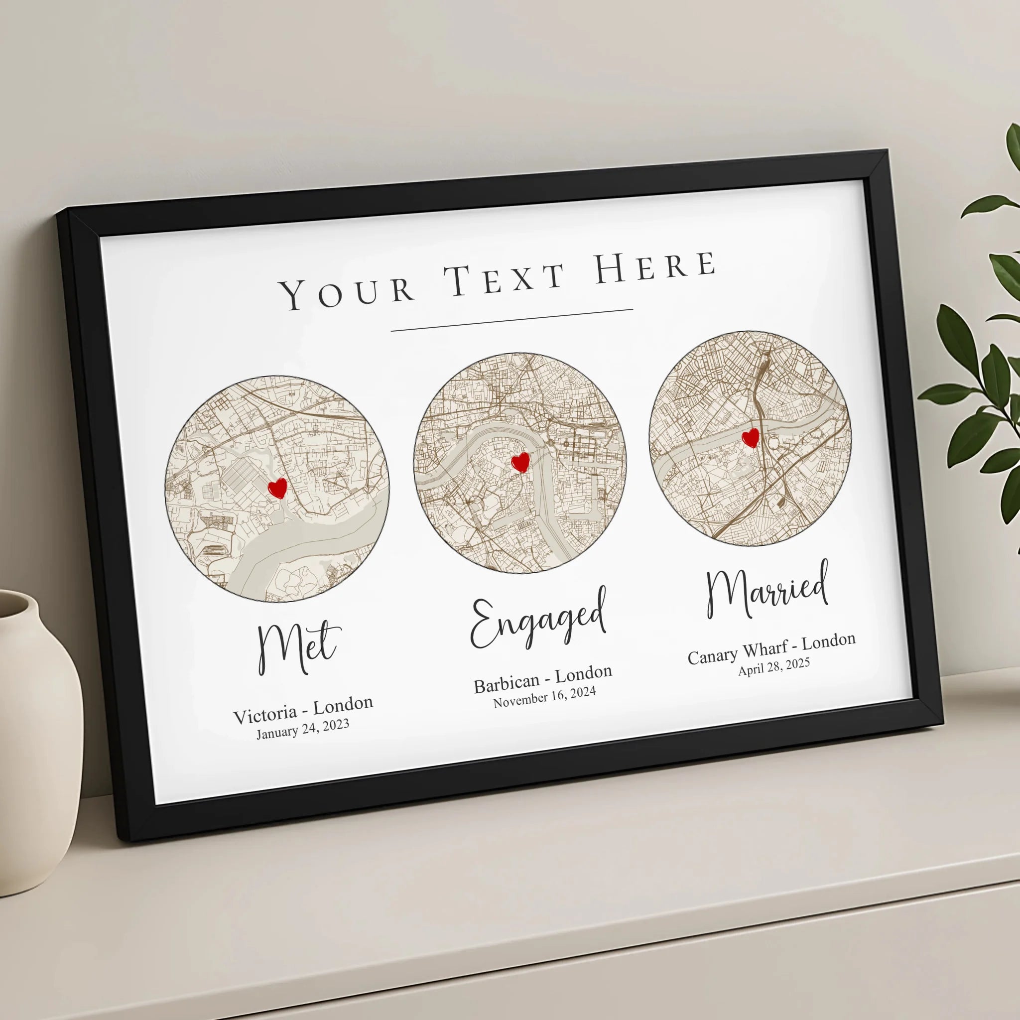 Close-up of a personalised map print frame with custom names and a special date printed below the map