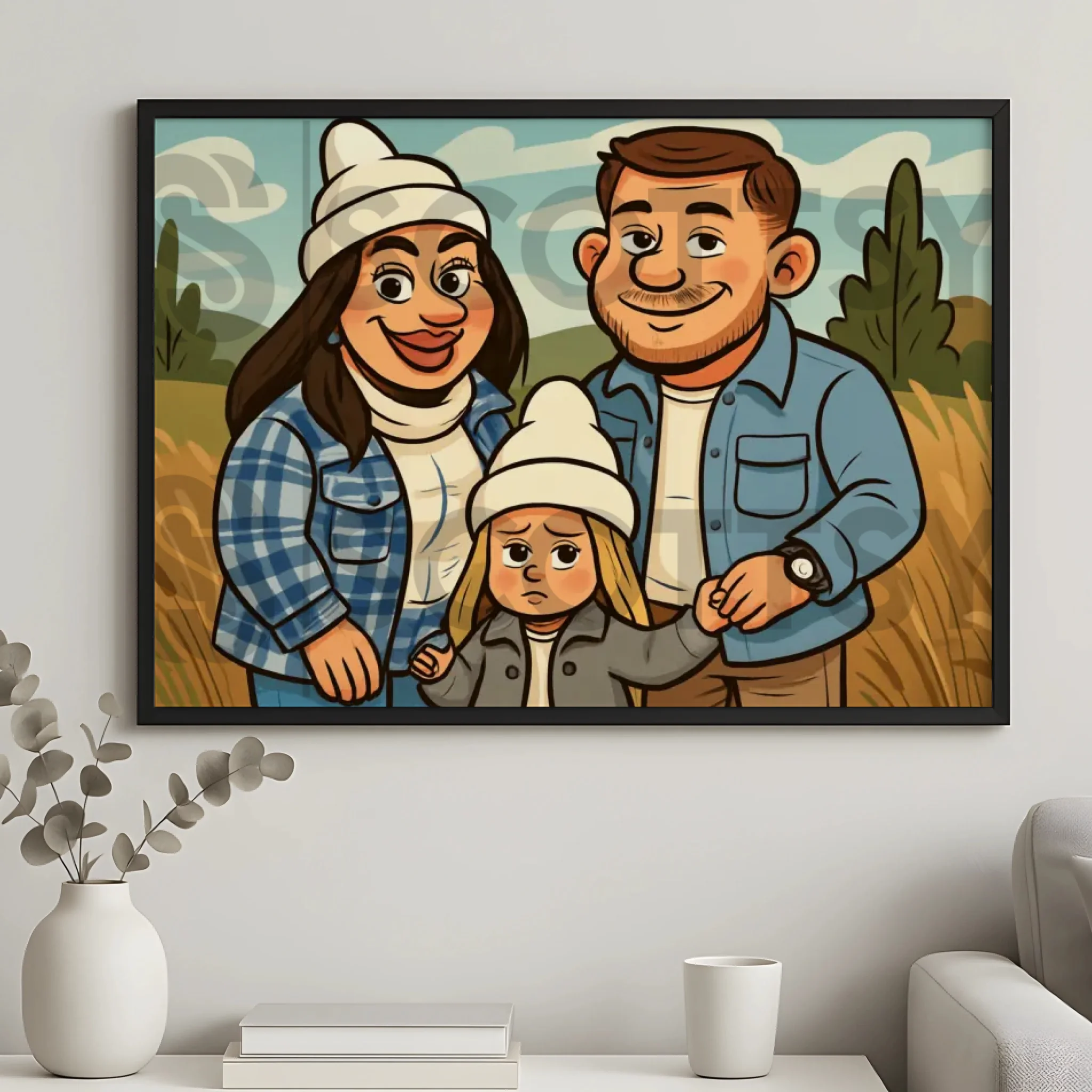 Custom framed cartoon caricature portrait for wall art