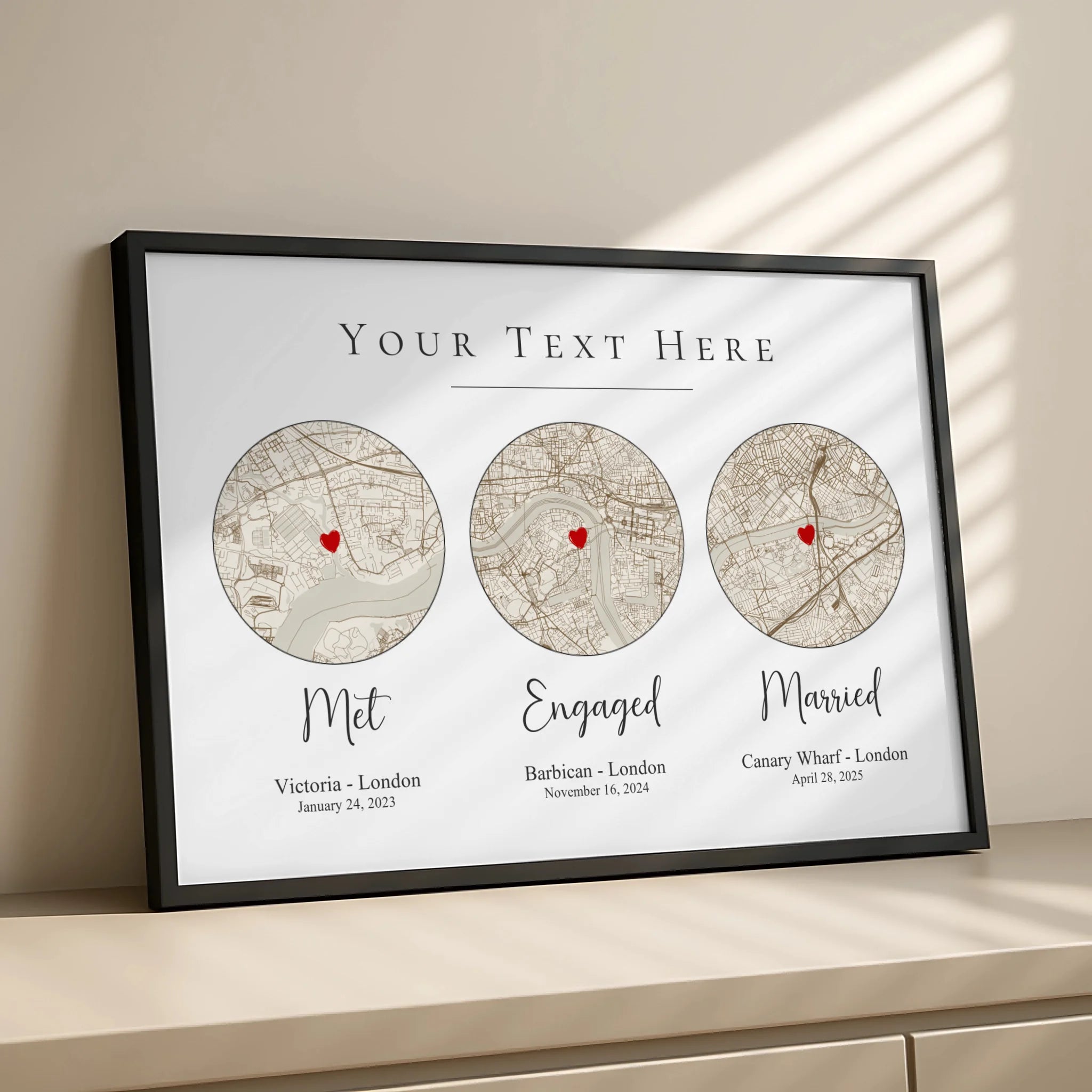 Personalised framed map print showing a UK location with couple names and anniversary date