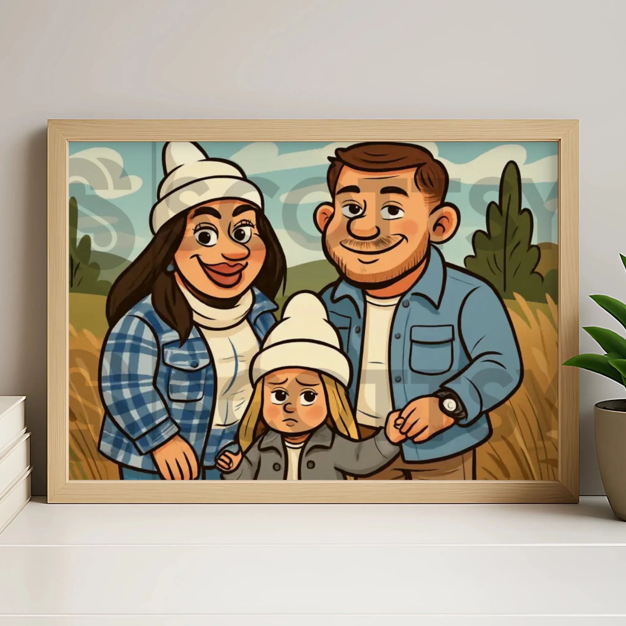 White personalised photo frame with custom caricature portrait
