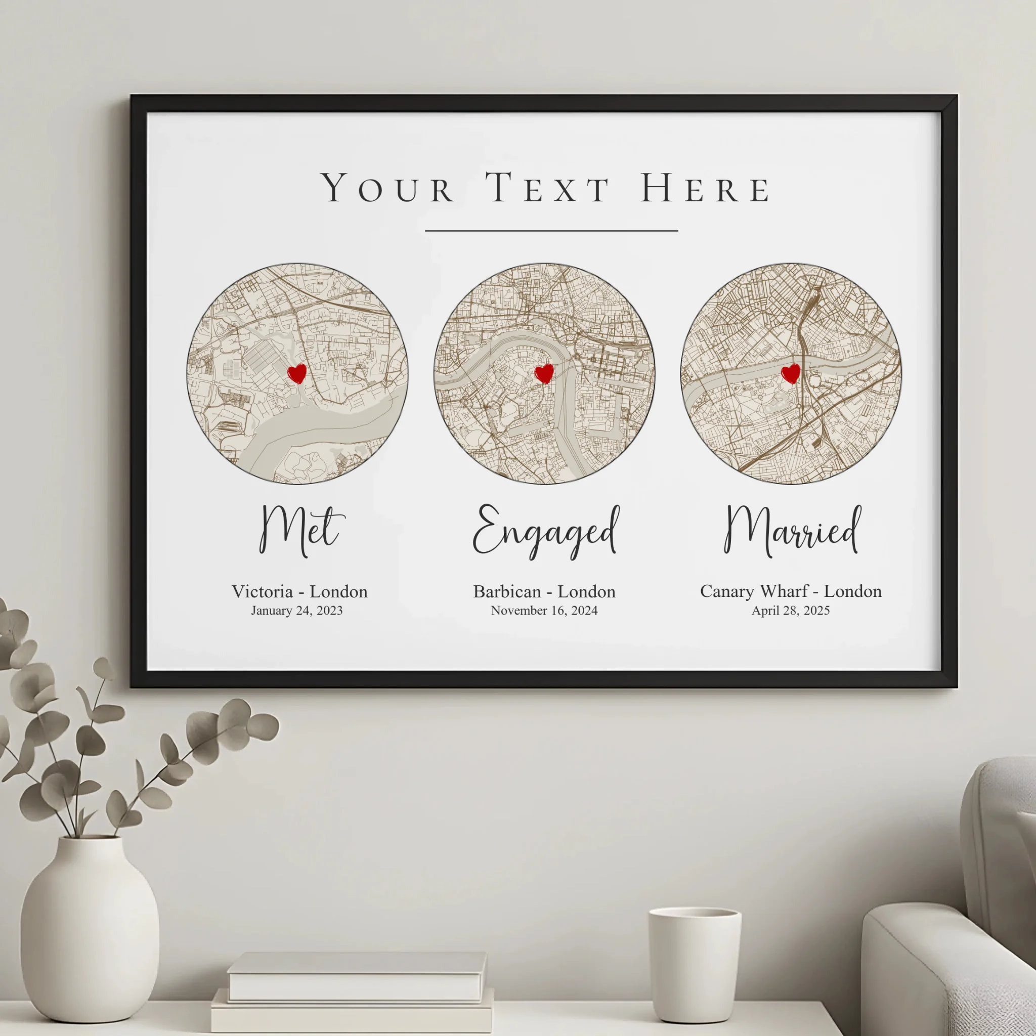 Personalised wedding photo gift frame with custom map design, names and date in A4 size
