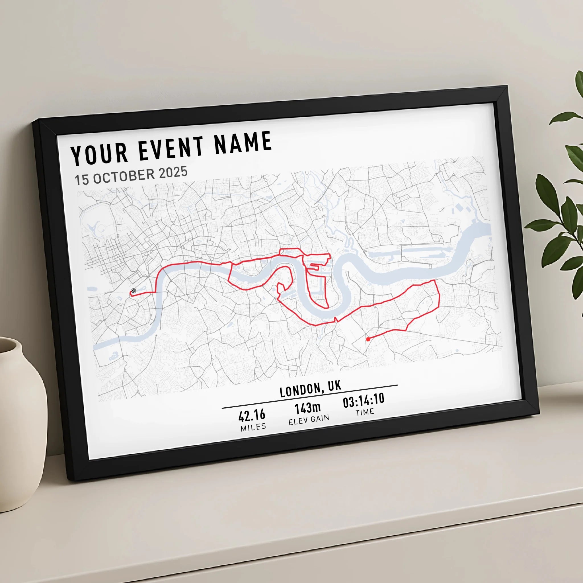 Custom cycling route map printed and framed as a personalised gift